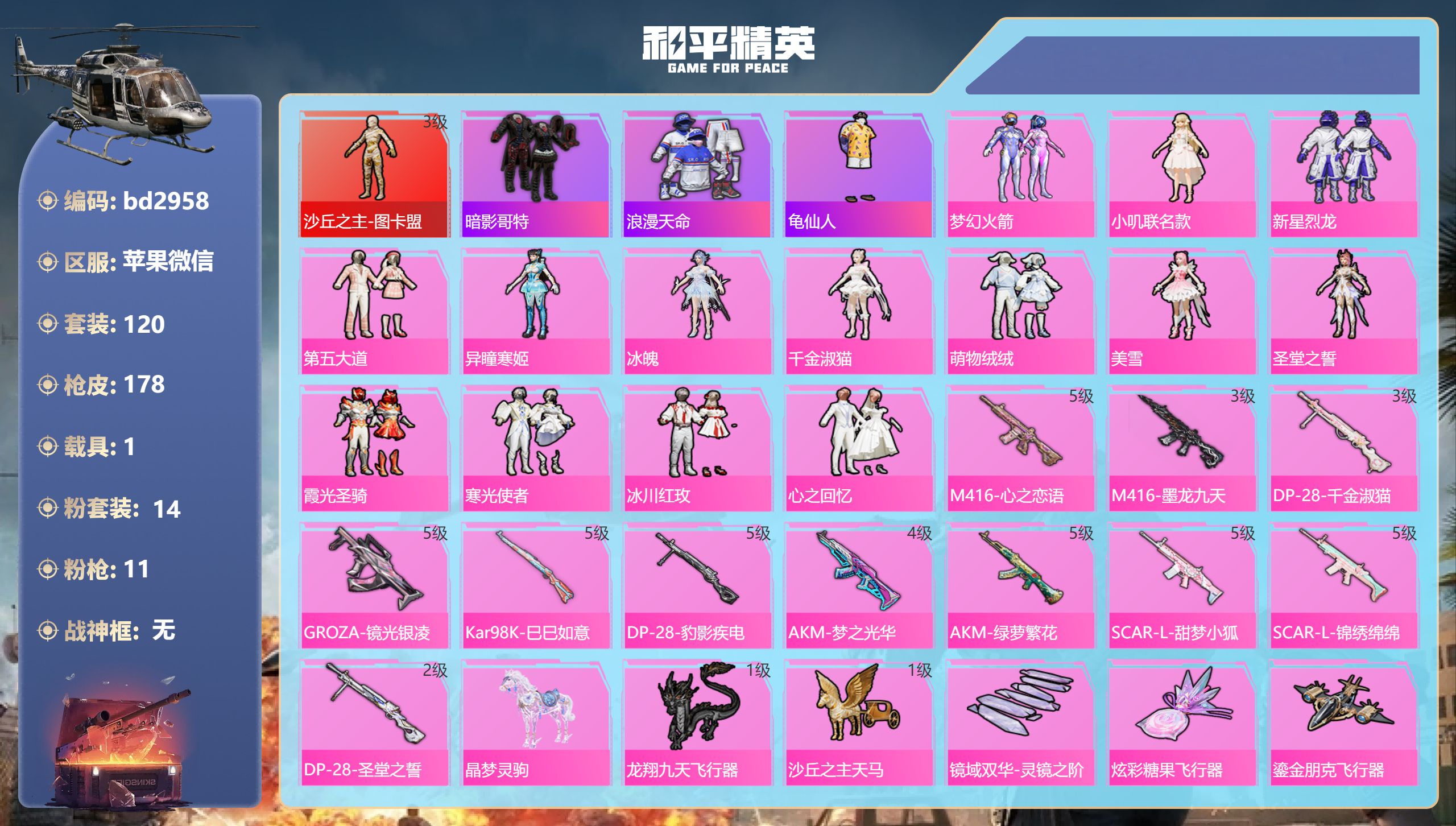 和平精英账号苹果微信1载具-120套装-178枪皮-苹果微信-11王牌印记-1红装-14粉装-11特效枪-1载具-649