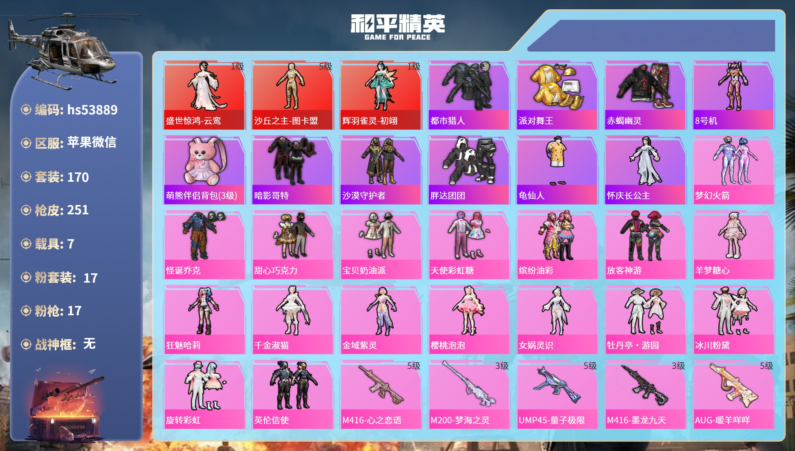 和平精英账号苹果微信hs53889 苹果微信-13王牌印记-3红装-17粉装-17特效枪-7载具-99628热力值-17