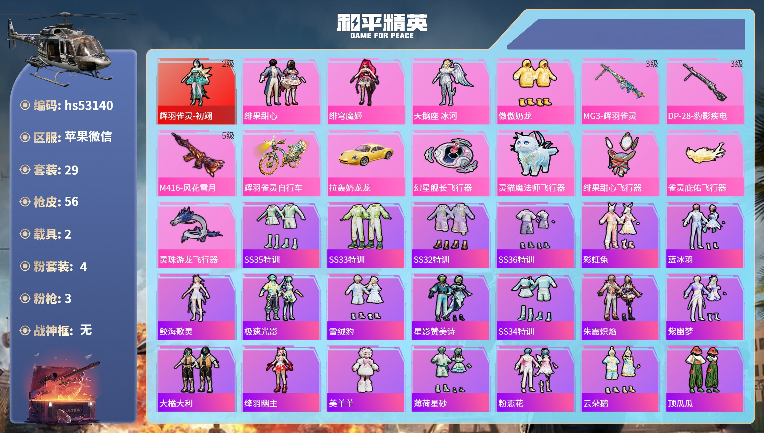 和平精英账号苹果微信hs53140 苹果微信-2王牌印记-1红装-4粉装-3特效枪-2载具-21845热力值-29套装-