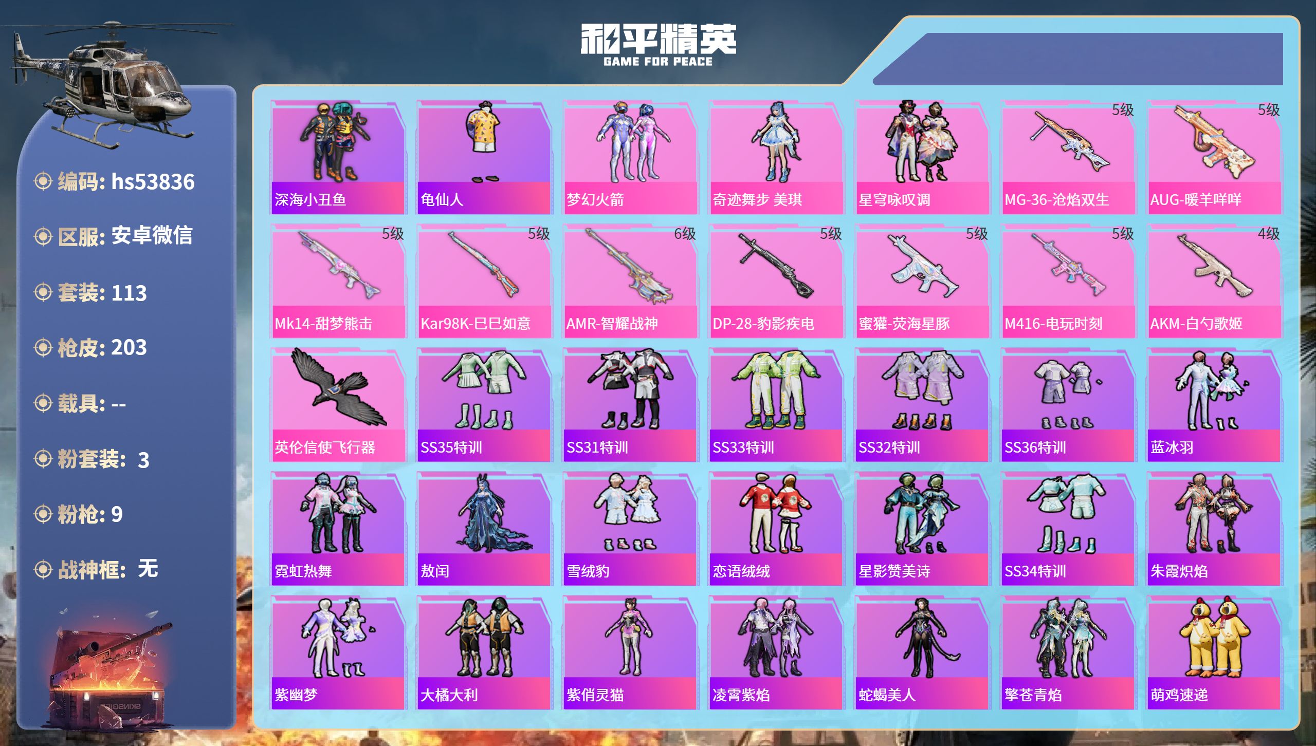 和平精英账号安卓微信hs53836 安卓微信-14王牌印记-3粉装-9特效枪-52940热力值-113套装-203枪皮-