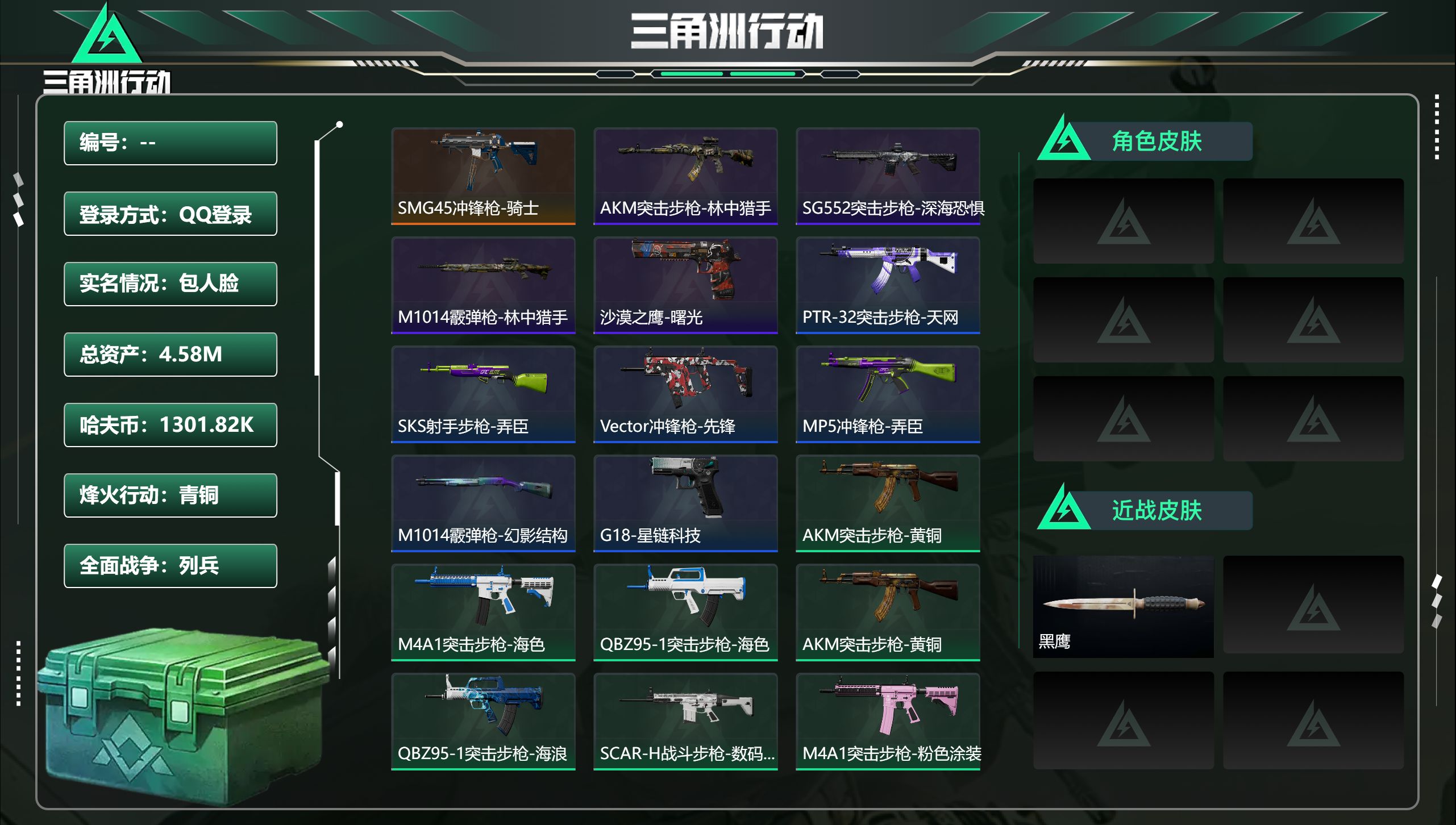 三角洲行动账号QQ总资产4.58M，哈夫币 1301.82K，战场等级:6 列兵，行动等级:24 青铜，角色皮肤0，枪