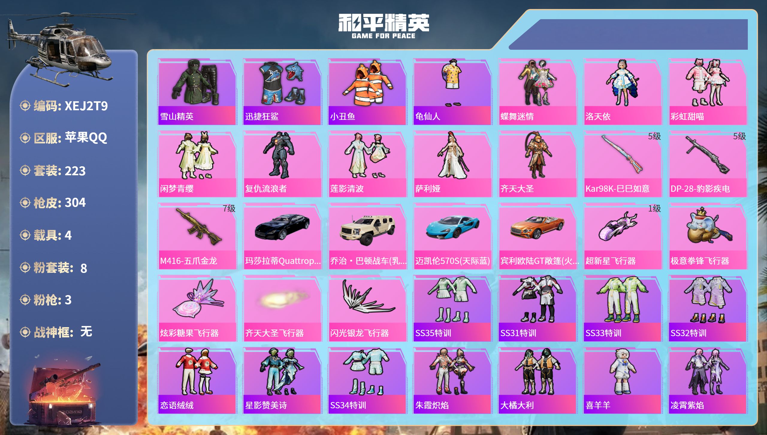 和平精英账号苹果QQ4载具-223套装-304枪皮-苹果手Q-15王牌印记-8粉装-3特效枪-4载具-热力值-223套装