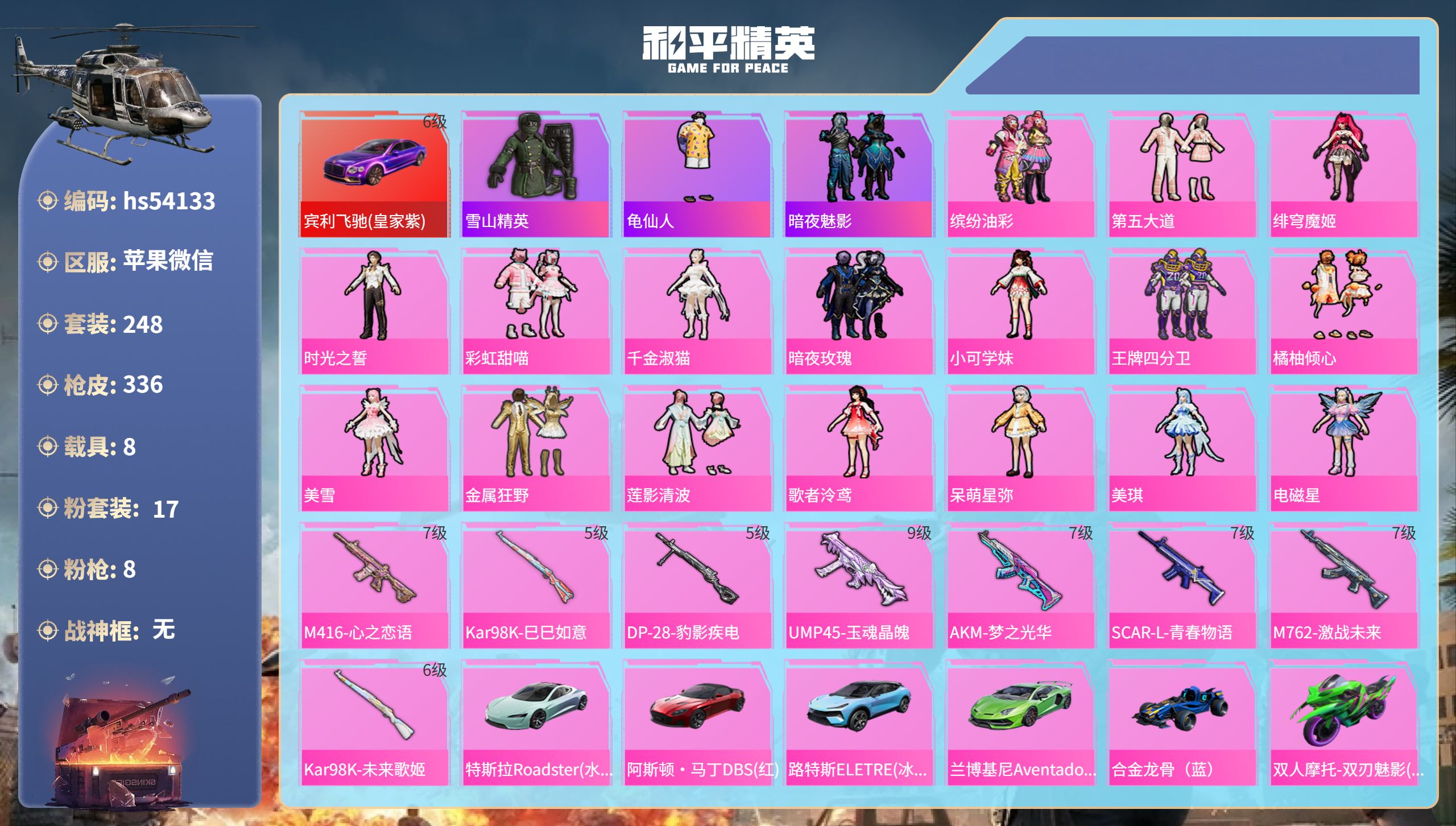 和平精英账号苹果微信hs54133 苹果微信-24王牌印记-17粉装-8特效枪-8载具-热力值-248套装-336枪皮-