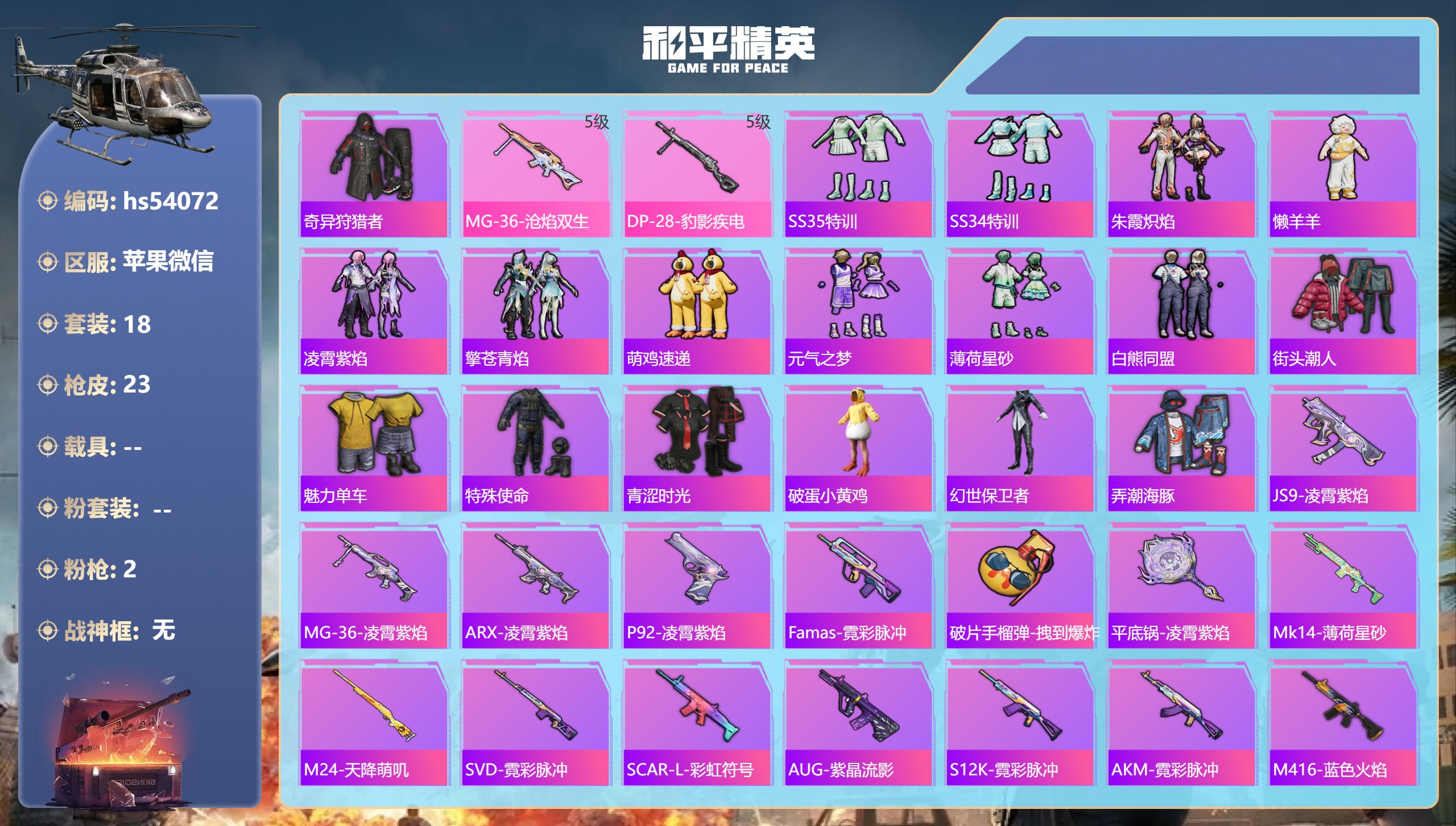 和平精英账号苹果微信hs54072 苹果微信-1王牌印记-2特效枪-6614热力值-18套装-23枪皮
【2特效枪】MG