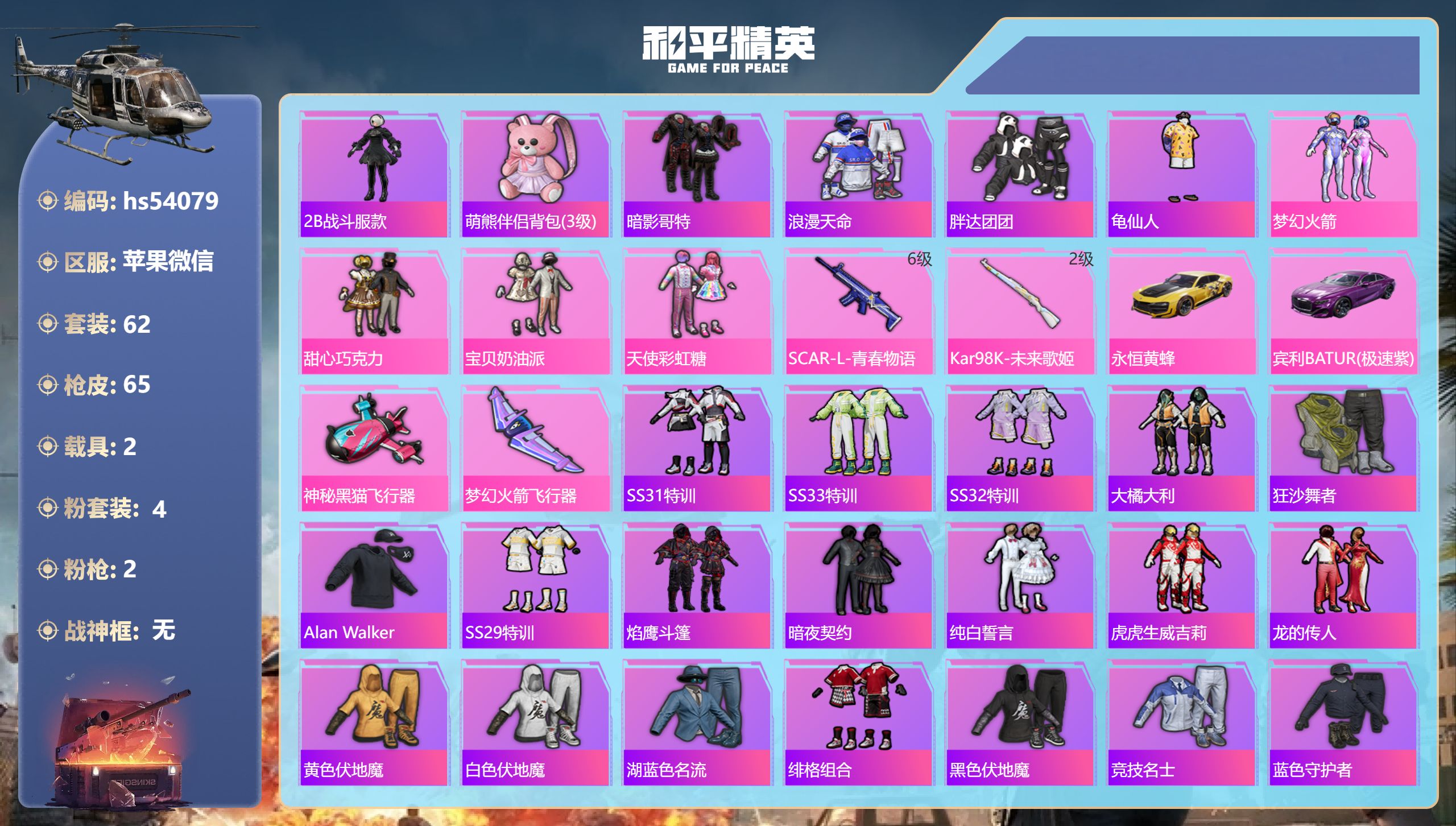 和平精英账号苹果微信hs54079 苹果微信-3王牌印记-4粉装-2特效枪-2载具-25727热力值-62套装-65枪皮