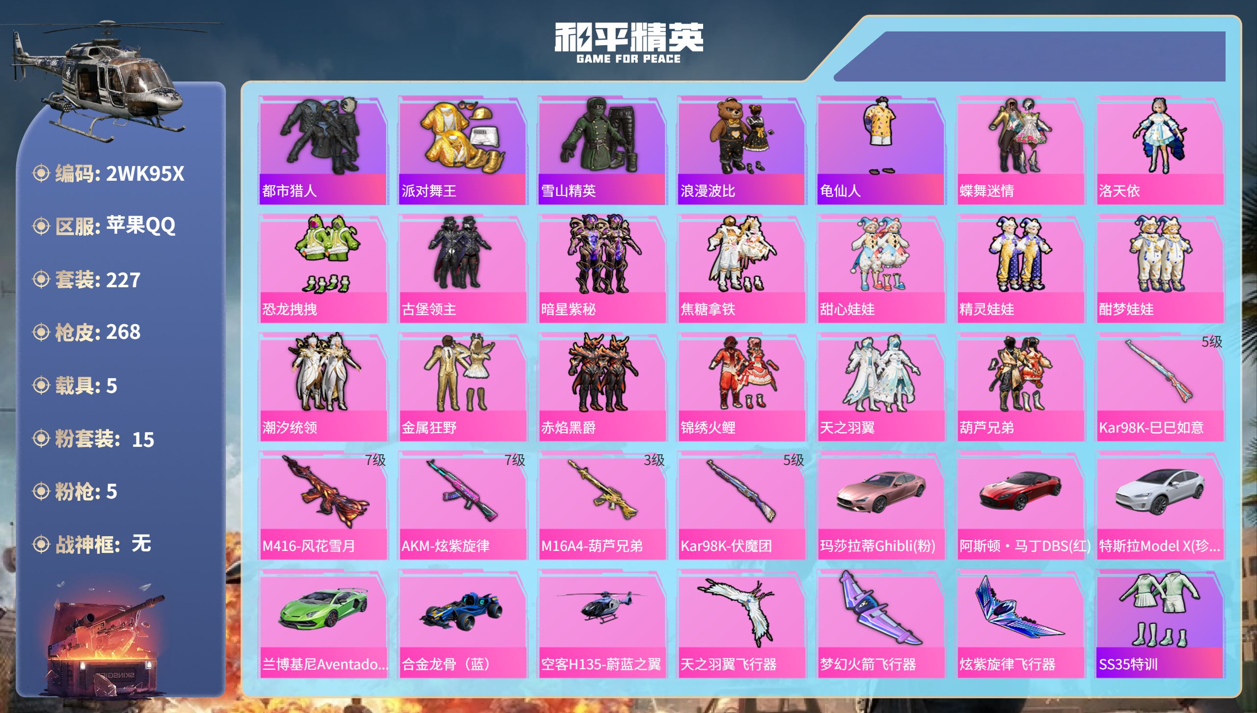 和平精英账号苹果QQ5载具-227套装-268枪皮-苹果手Q-9王牌印记-15粉装-5特效枪-5载具-热力值-227套装