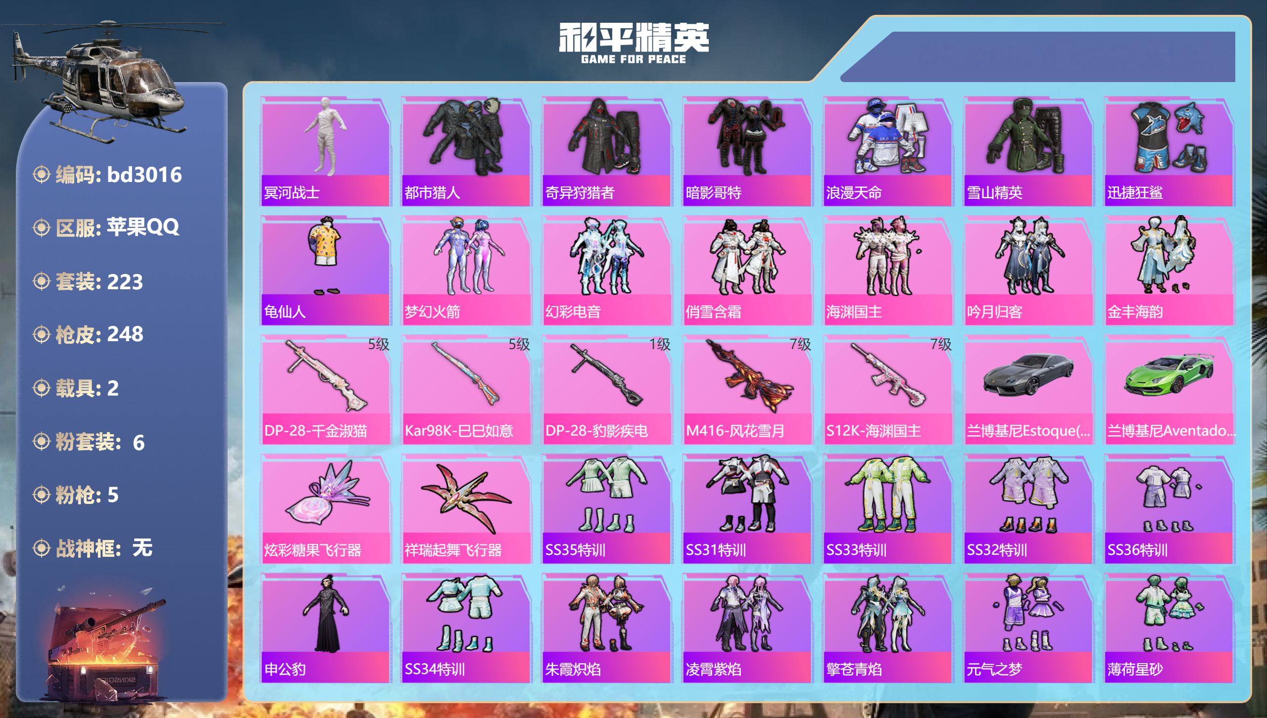 和平精英账号苹果QQ2载具-223套装-248枪皮-苹果手Q-14王牌印记-6粉装-5特效枪-2载具-86646热力值-