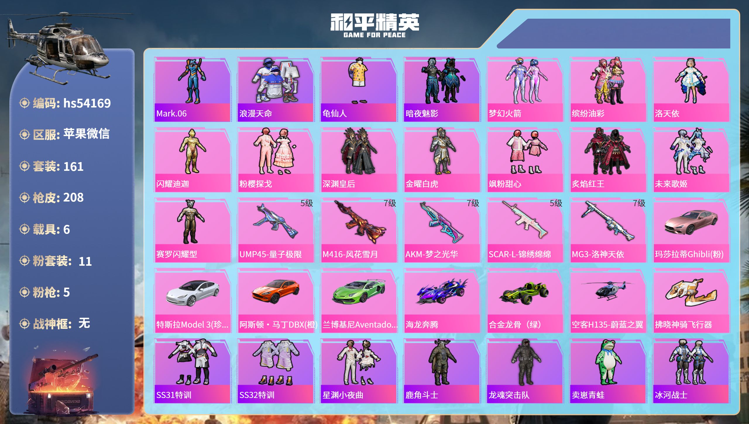 和平精英账号苹果微信hs54169 苹果微信-15王牌印记-11粉装-5特效枪-6载具-77841热力值-161套装-2