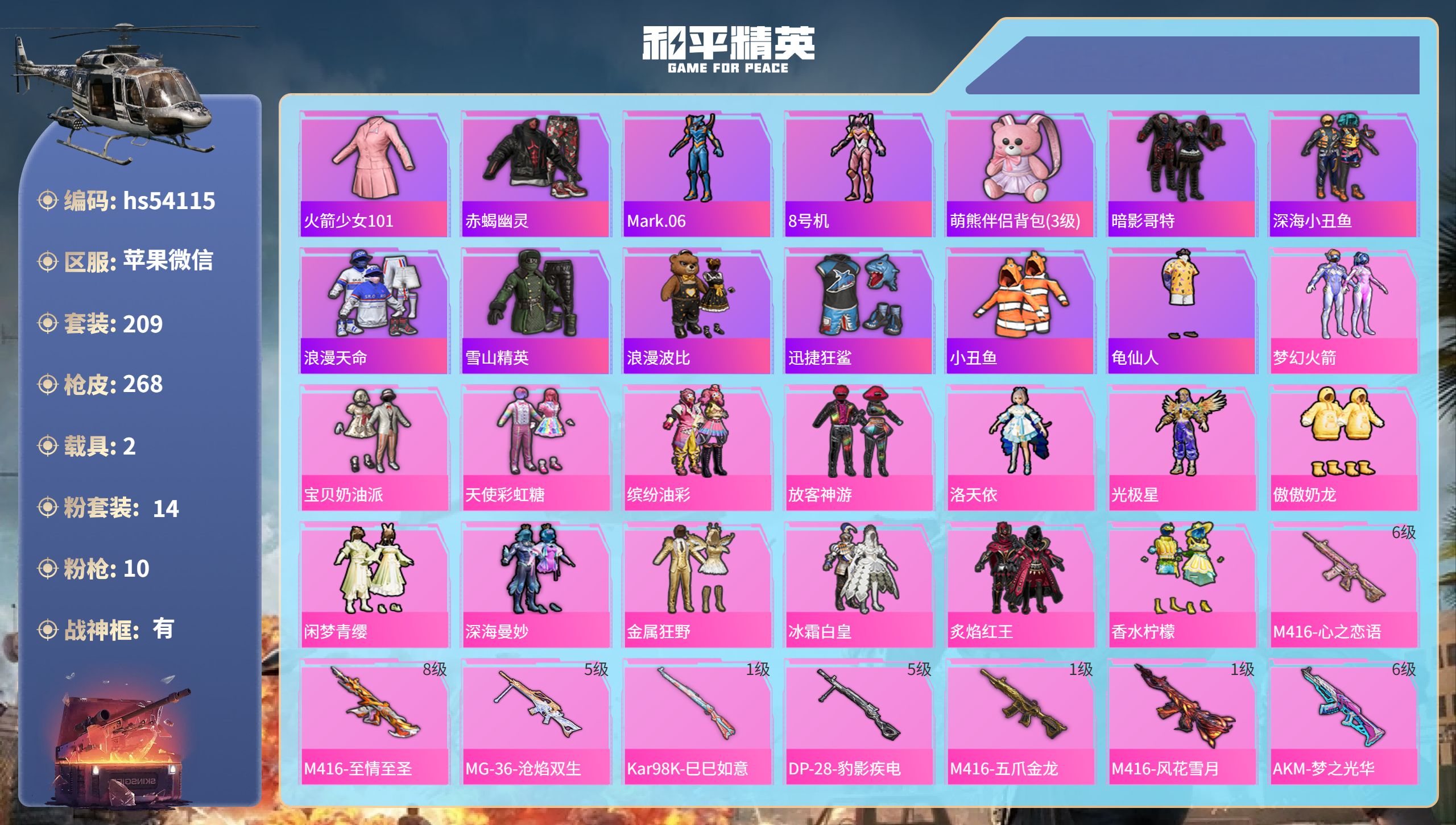 和平精英账号苹果微信hs54115 苹果微信-30王牌印记-有战神框-14粉装-10特效枪-2载具-热力值-209套装-