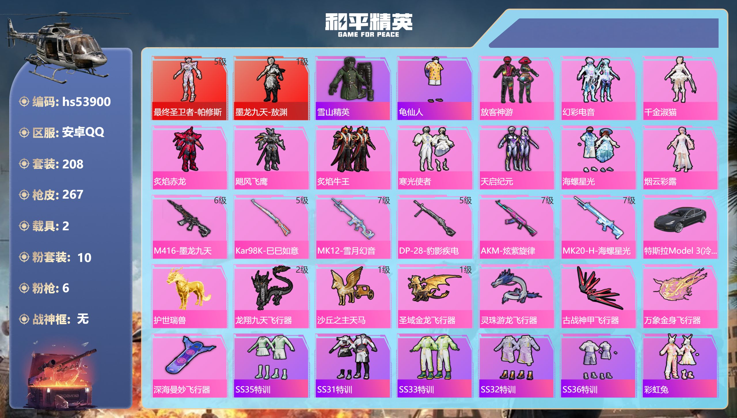 和平精英账号安卓QQhs53900 安卓手Q-22王牌印记-2红装-10粉装-6特效枪-2载具-98452热力值-208