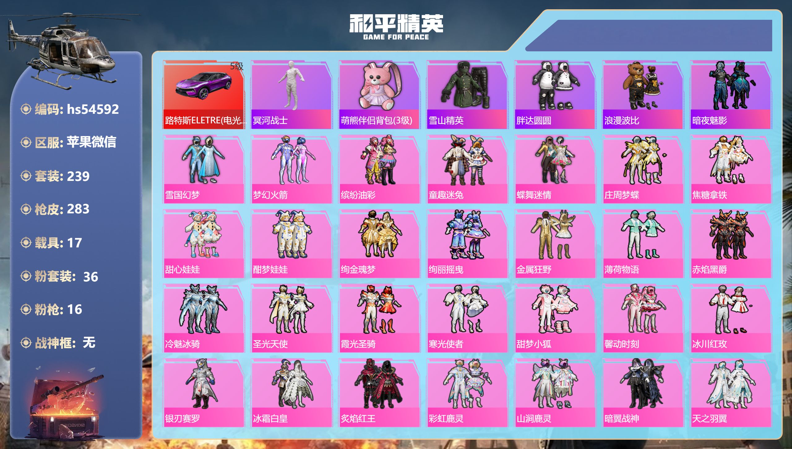 和平精英账号苹果微信hs54592苹果微信-23王牌印记-36粉装-16特效枪-17载具-热力值-239套装-283枪皮