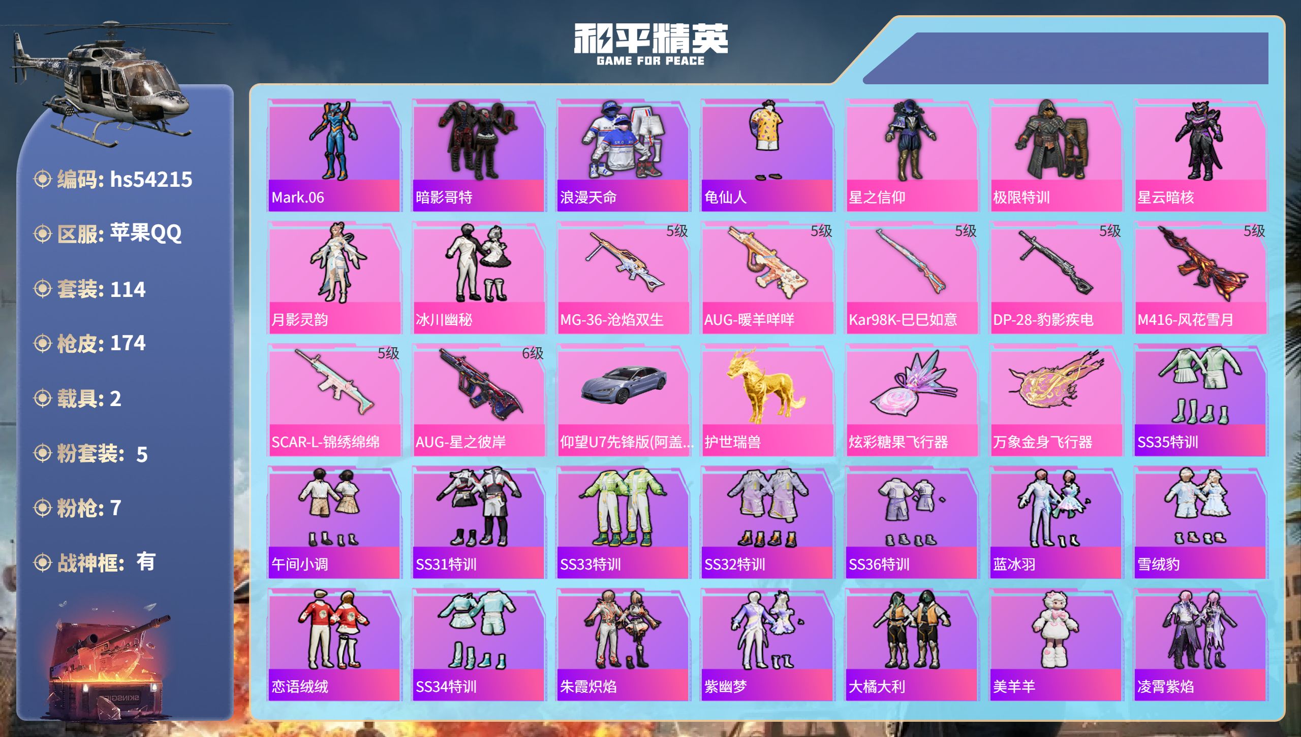 和平精英账号苹果QQhs54215 苹果手Q-10王牌印记-有战神框-5粉装-7特效枪-2载具-54001热力值-114