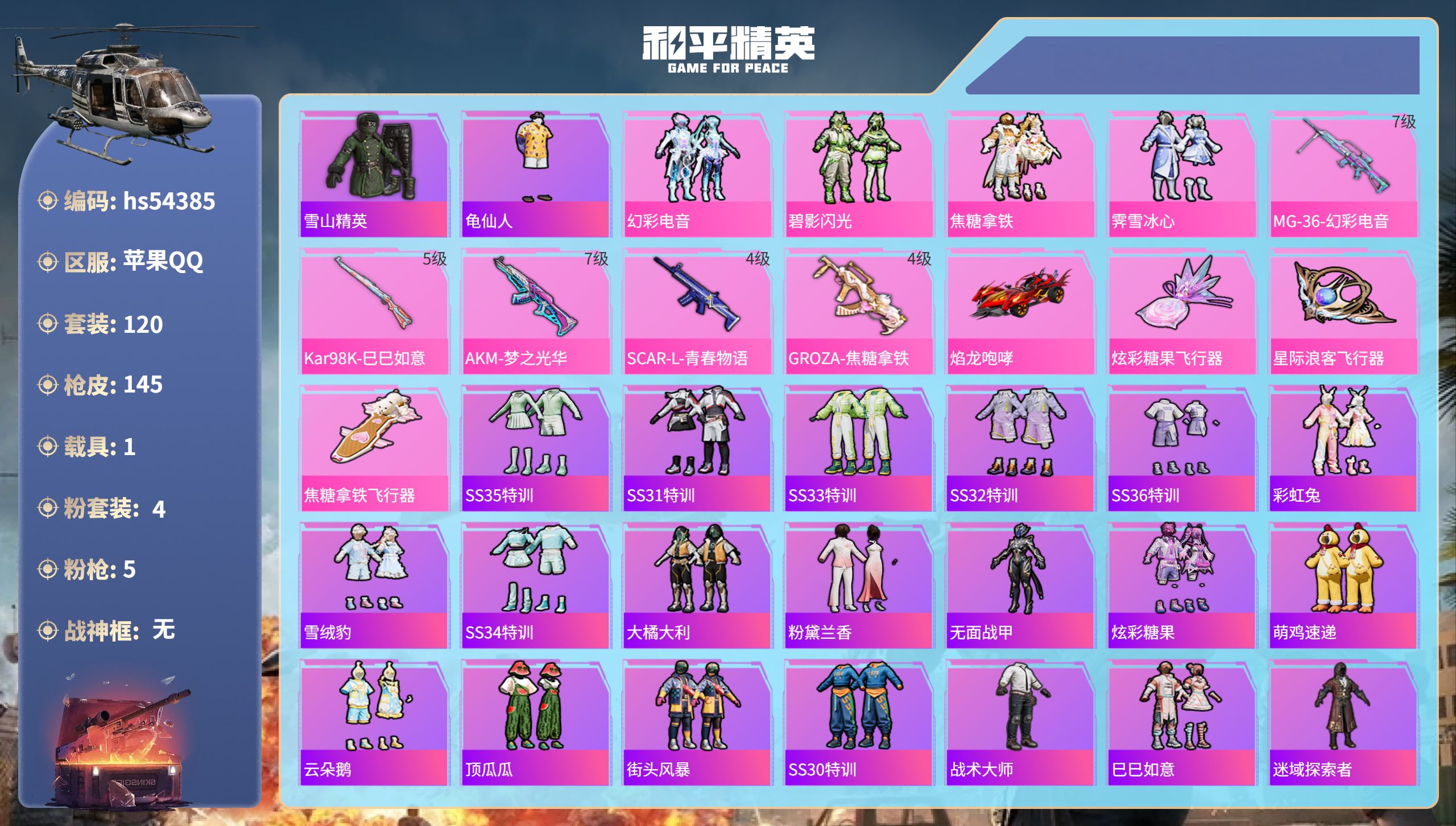 和平精英账号苹果QQhs54385 苹果手Q-10王牌印记-4粉装-5特效枪-1载具-51040热力值-120套装-14
