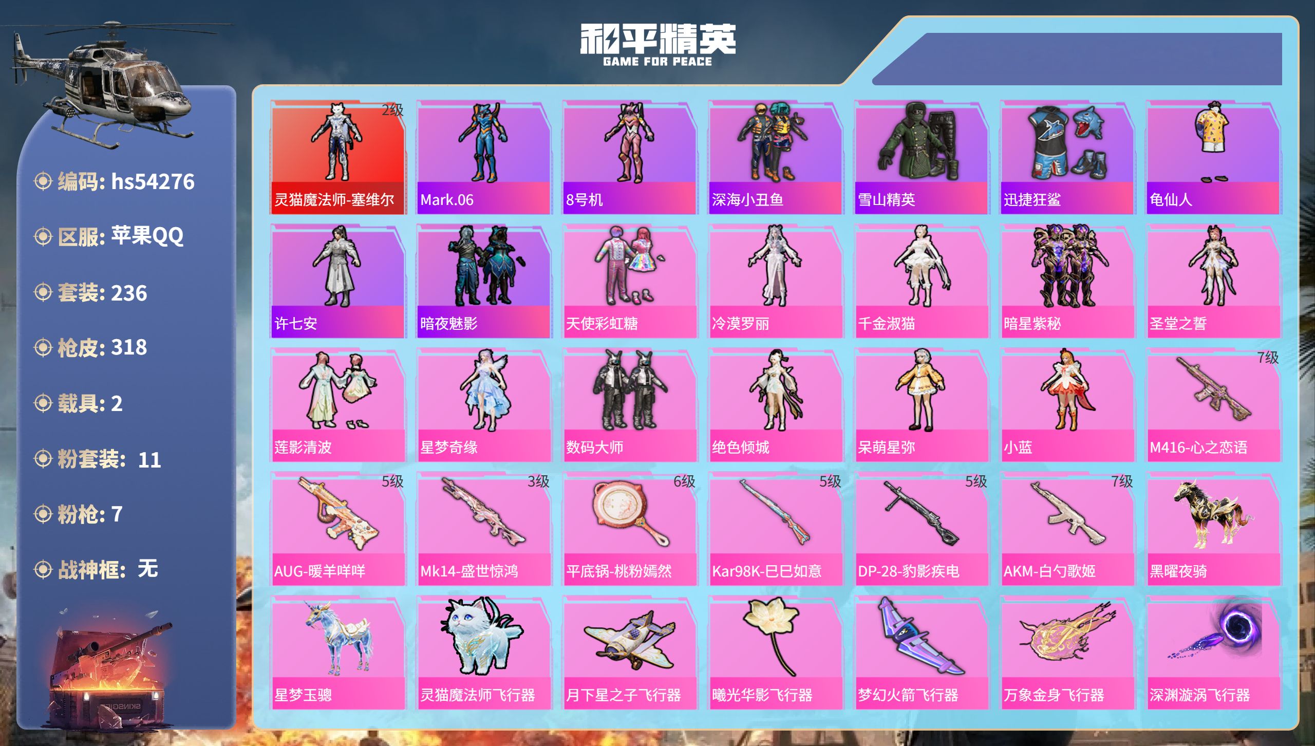 和平精英账号苹果QQhs54276 苹果手Q-16王牌印记-1红装-11粉装-7特效枪-2载具-热力值-236套装-31