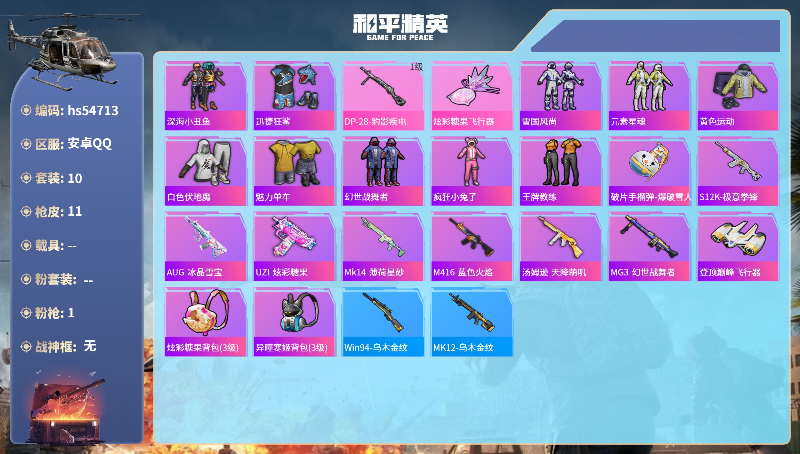 和平精英账号安卓QQhs54713 安卓手Q-0王牌印记-1特效枪-3114热力值-10套装-11枪皮
【1特效枪】DP