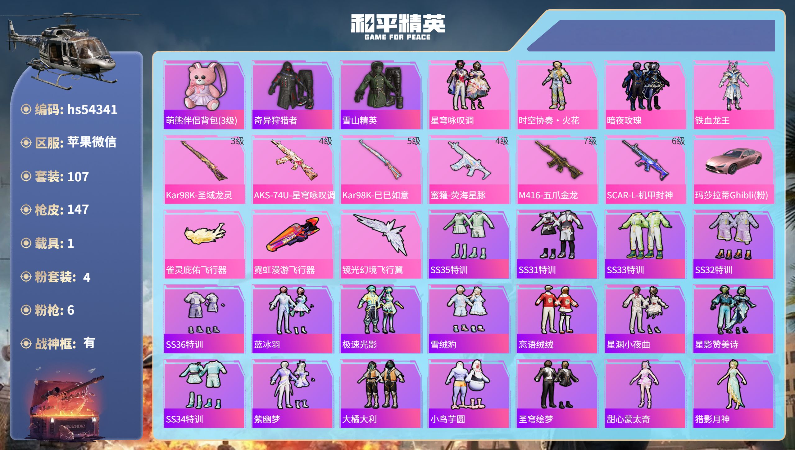 和平精英账号苹果微信hs54341 苹果微信-10王牌印记-有战神框-4粉装-6特效枪-1载具-50328热力值-107