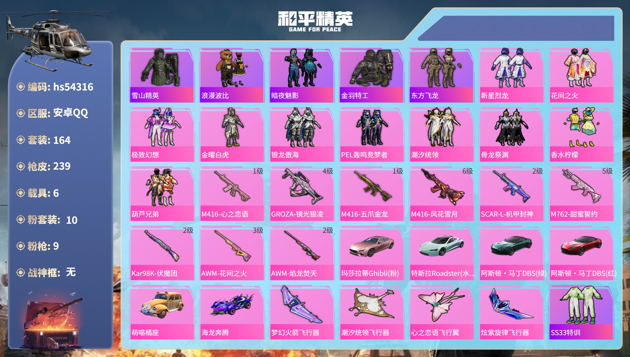 和平精英账号安卓QQhs54316 安卓手Q-1王牌印记-10粉装-9特效枪-6载具-77762热力值-164套装-23