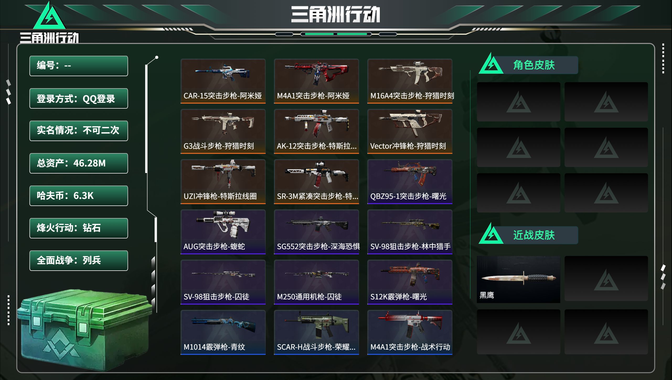 三角洲行动账号QQ总资产46.28M，哈夫币 6.3K，战场等级:13 列兵，行动等级:60 钻石，角色皮肤0，枪皮数