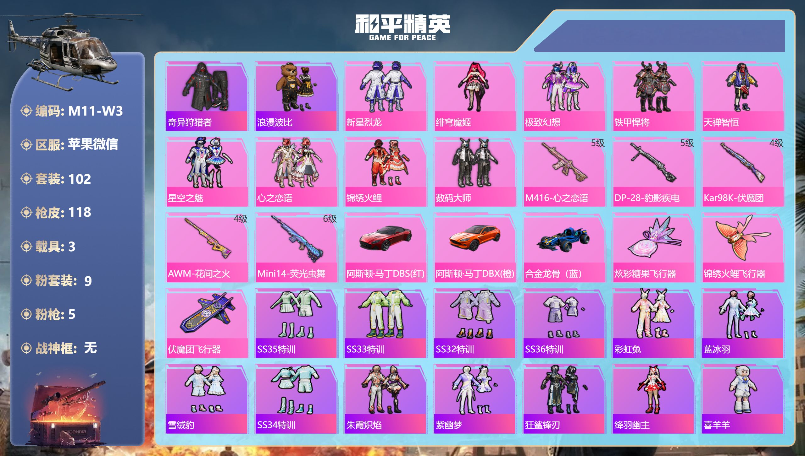 和平精英账号苹果微信3载具-102套装-118枪皮--2稀有3载具9粉装5特效枪15热门102套装118枪皮 47484