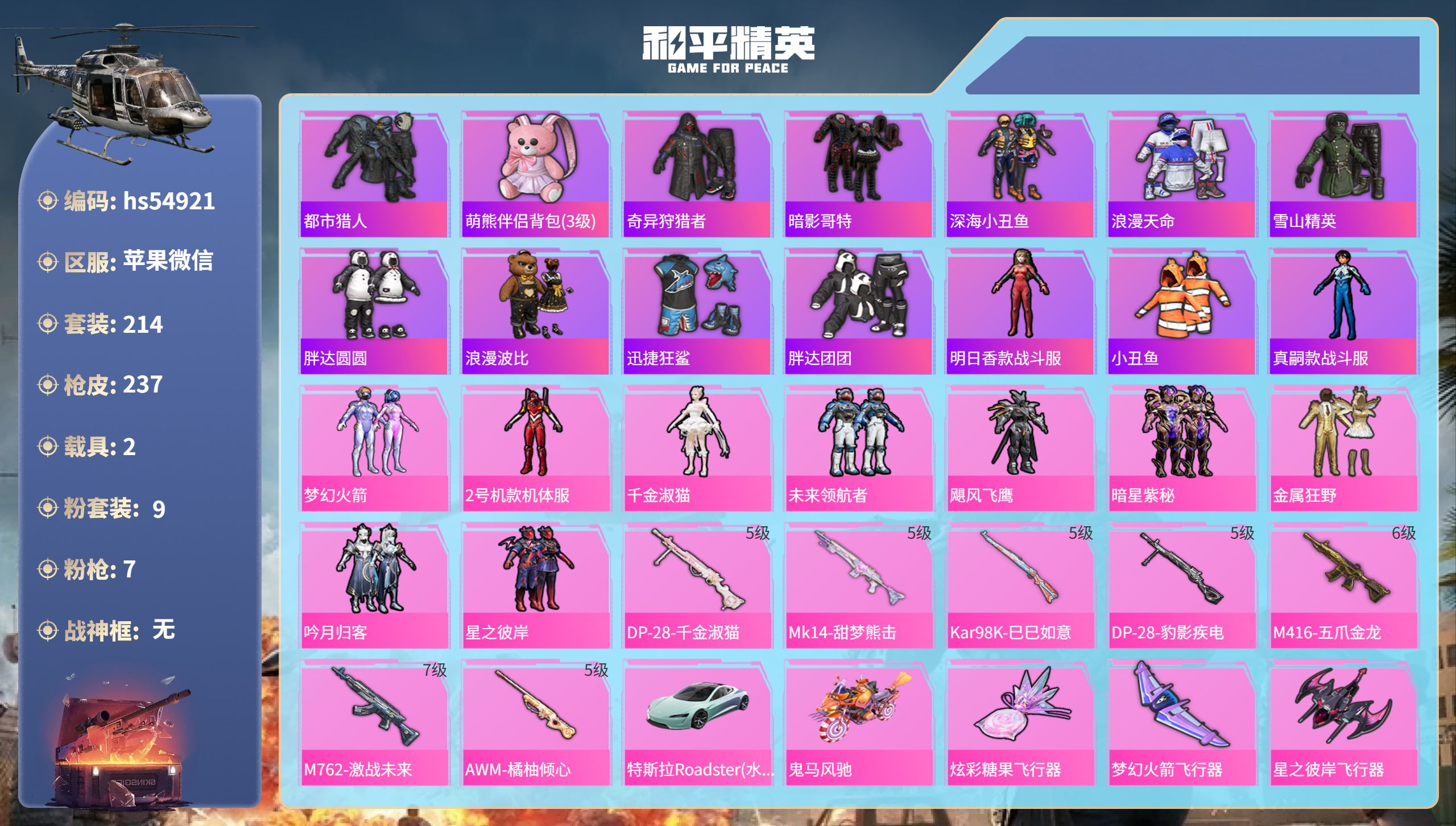 和平精英账号苹果微信hs54921 苹果微信-14王牌印记-9粉装-7特效枪-2载具-88008热力值-214套装-23