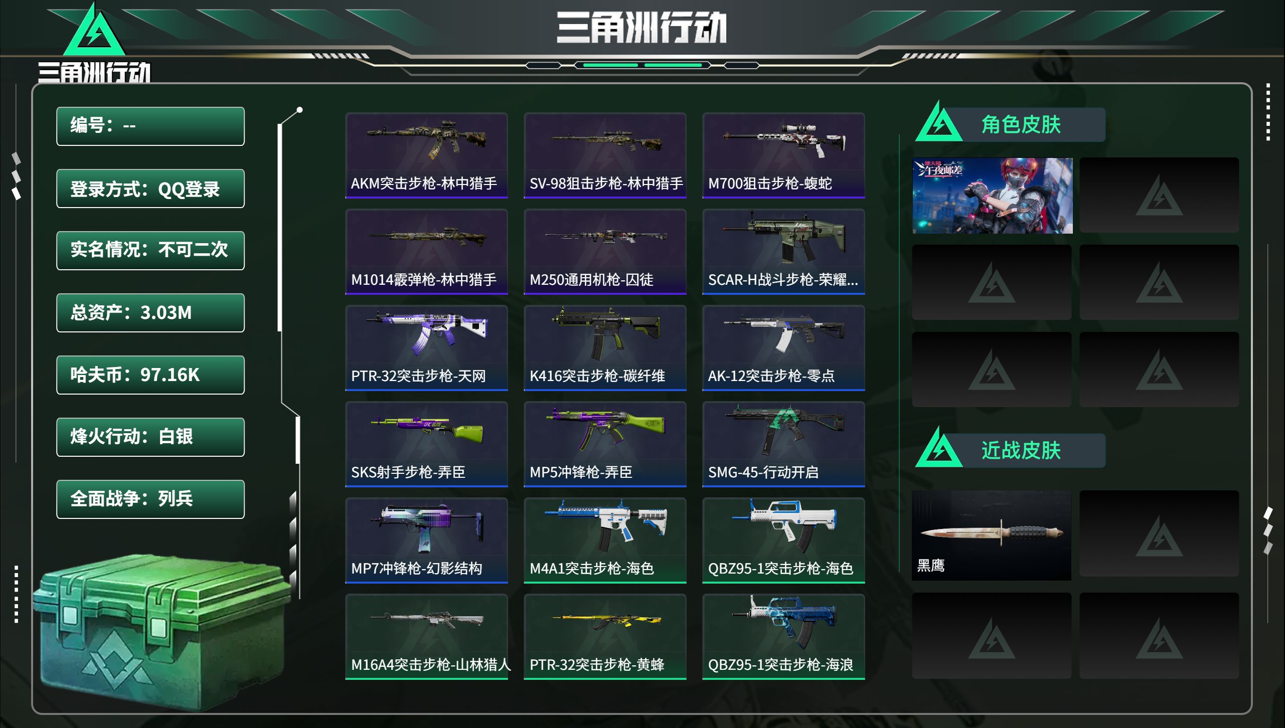 三角洲行动账号QQ总资产3.03M，哈夫币 97.16K，战场等级:1 列兵，行动等级:35 白银，角色皮肤1，枪皮数