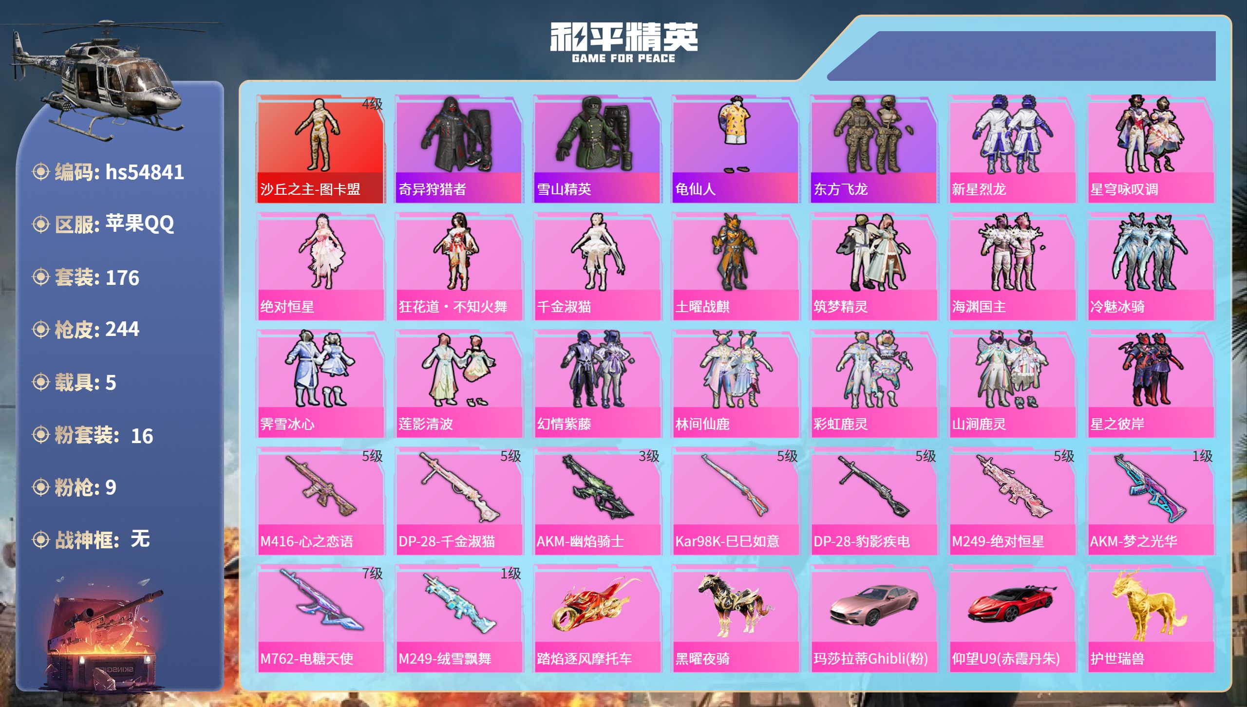和平精英账号苹果QQhs54841 苹果手Q-13王牌印记-1红装-16粉装-9特效枪-5载具-89552热力值-176
