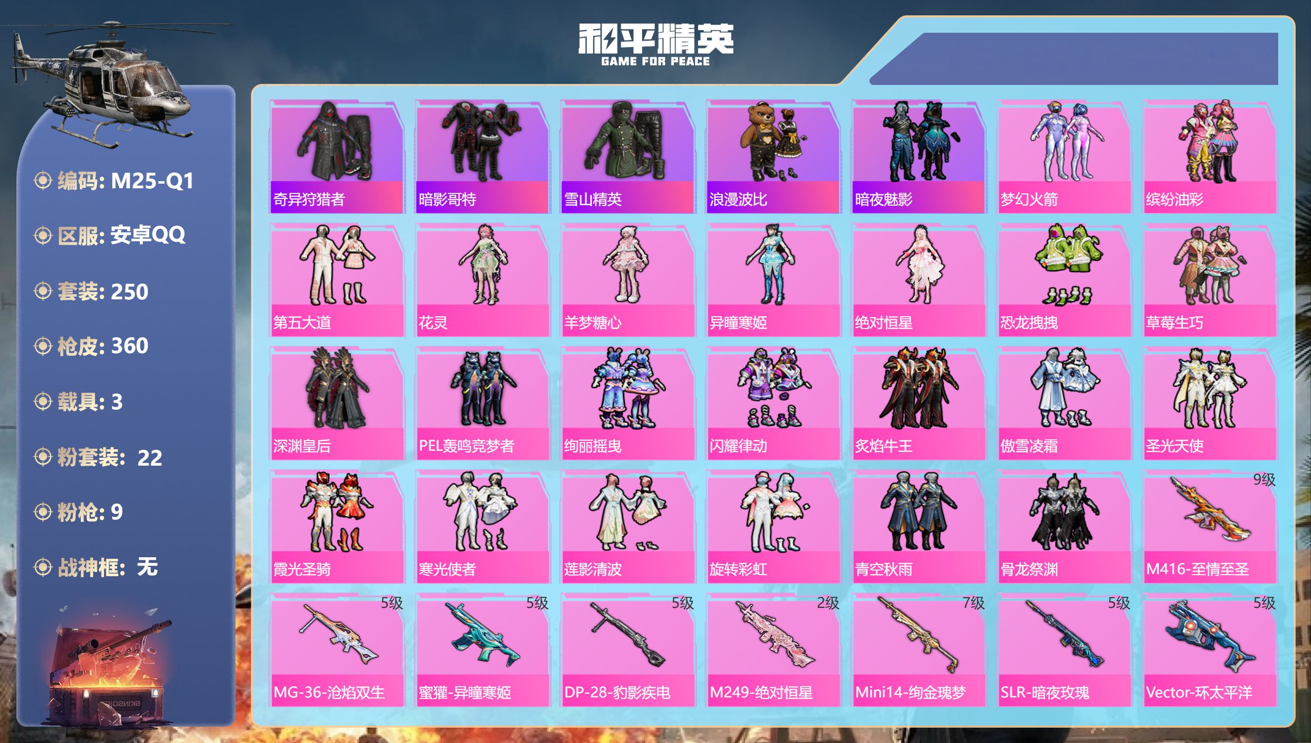和平精英账号安卓QQ3载具-250套装-360枪皮-满级至情至圣9级-1稀有4载具21粉装8特效枪19印记【1稀有】奇异