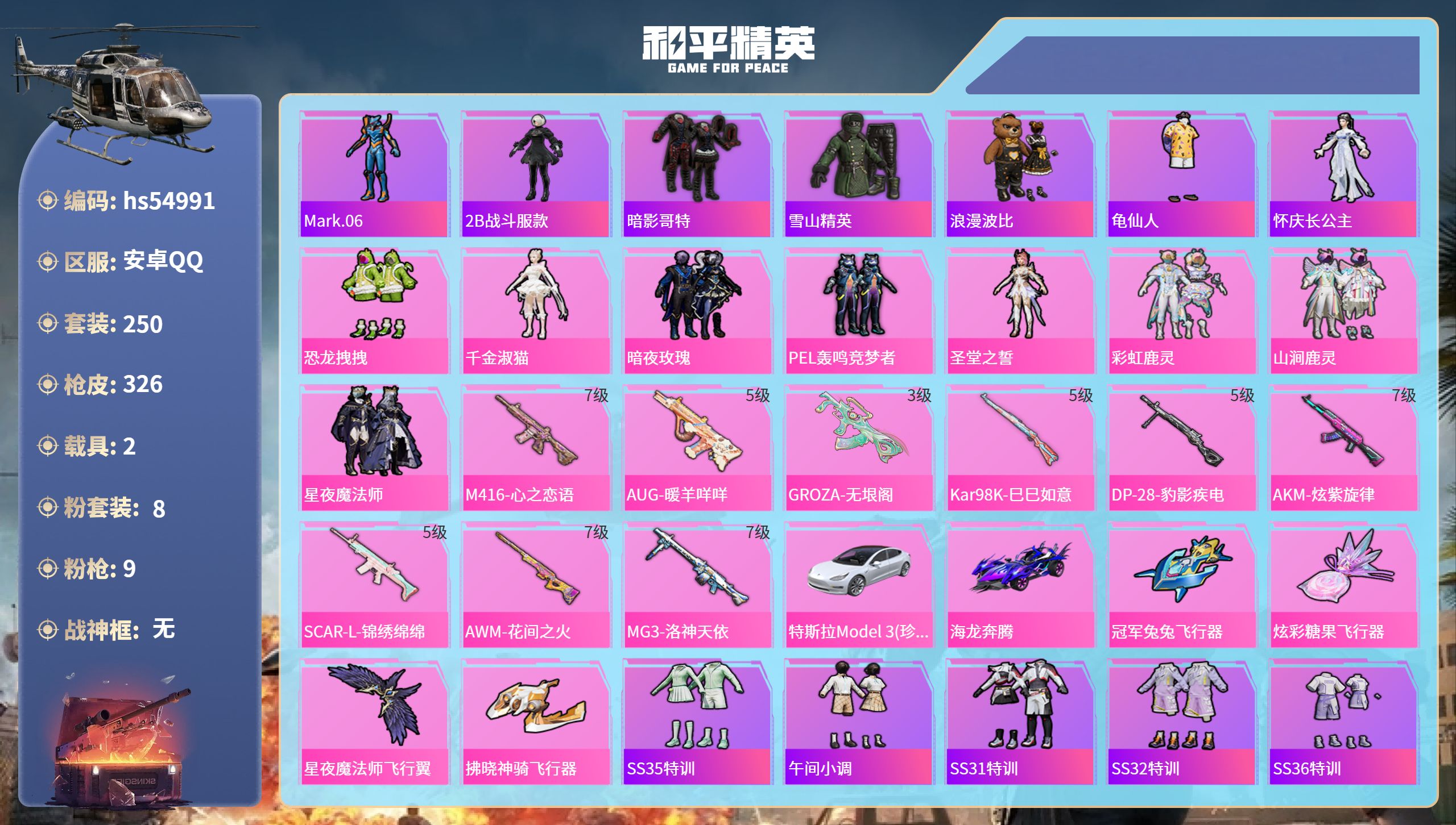 和平精英账号安卓QQhs54991 安卓手Q-20王牌印记-8粉装-9特效枪-2载具-热力值-250套装-326枪皮-4