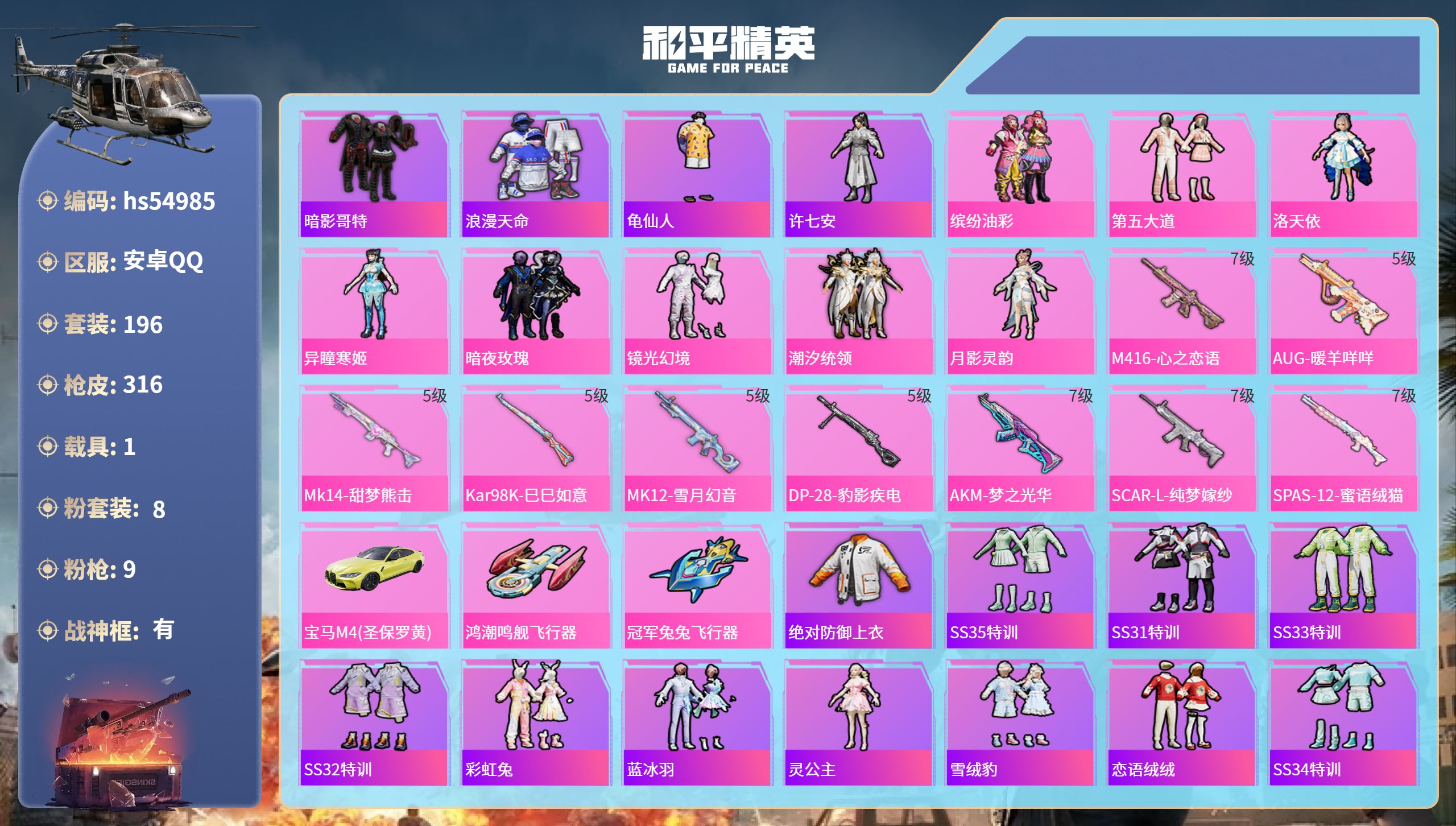 和平精英账号安卓QQhs54985 安卓手Q-25王牌印记-有战神框-8粉装-9特效枪-1载具-93009热力值-196