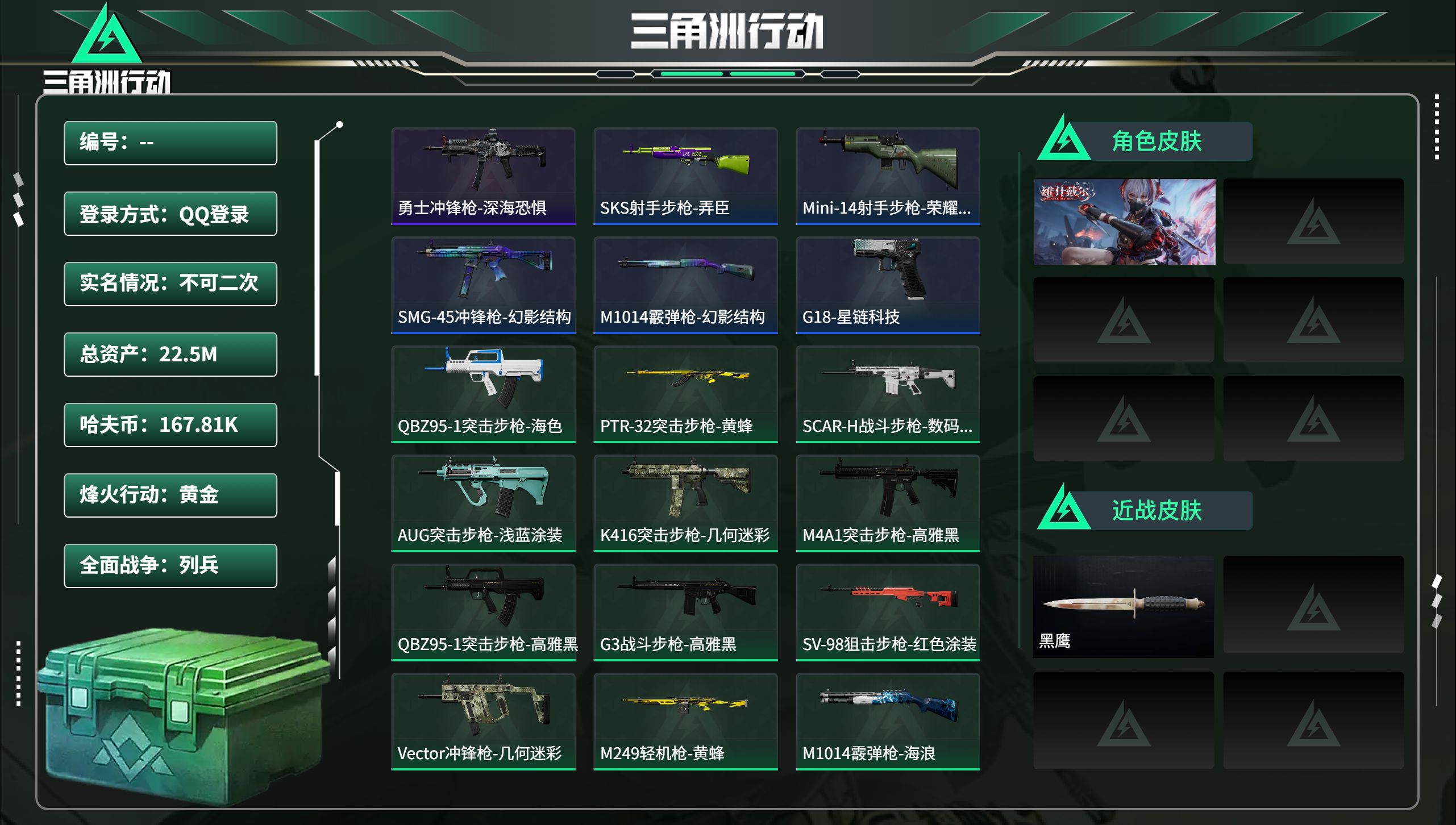 三角洲行动账号QQ总资产22.5M，哈夫币 167.81K，战场等级:1 列兵，行动等级:26 黄金，角色皮肤1，枪皮
