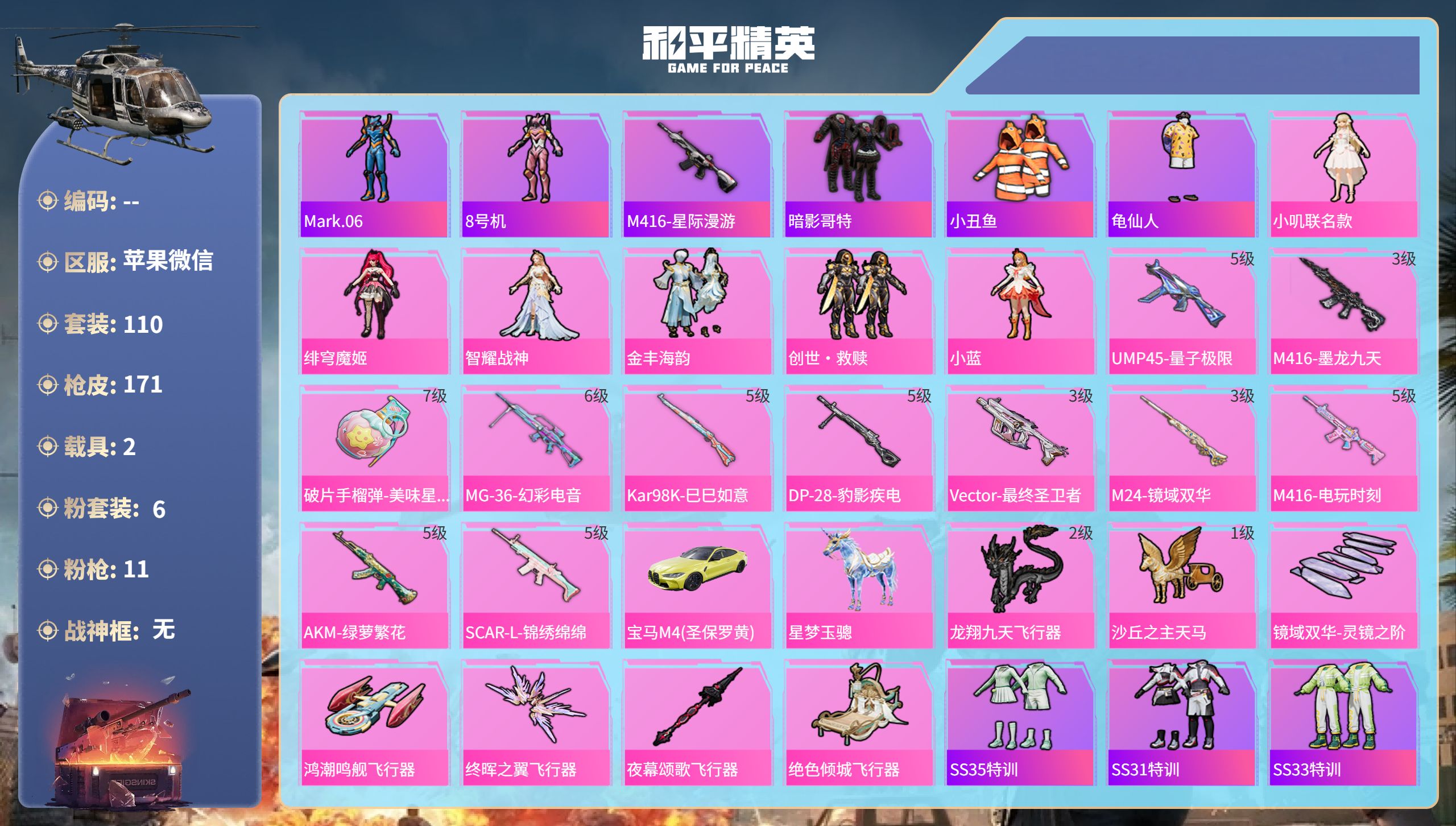 和平精英账号苹果微信hs55034  苹果微信-8王牌印记-6粉装-11特效枪-2载具-57627热力值-110套装-1