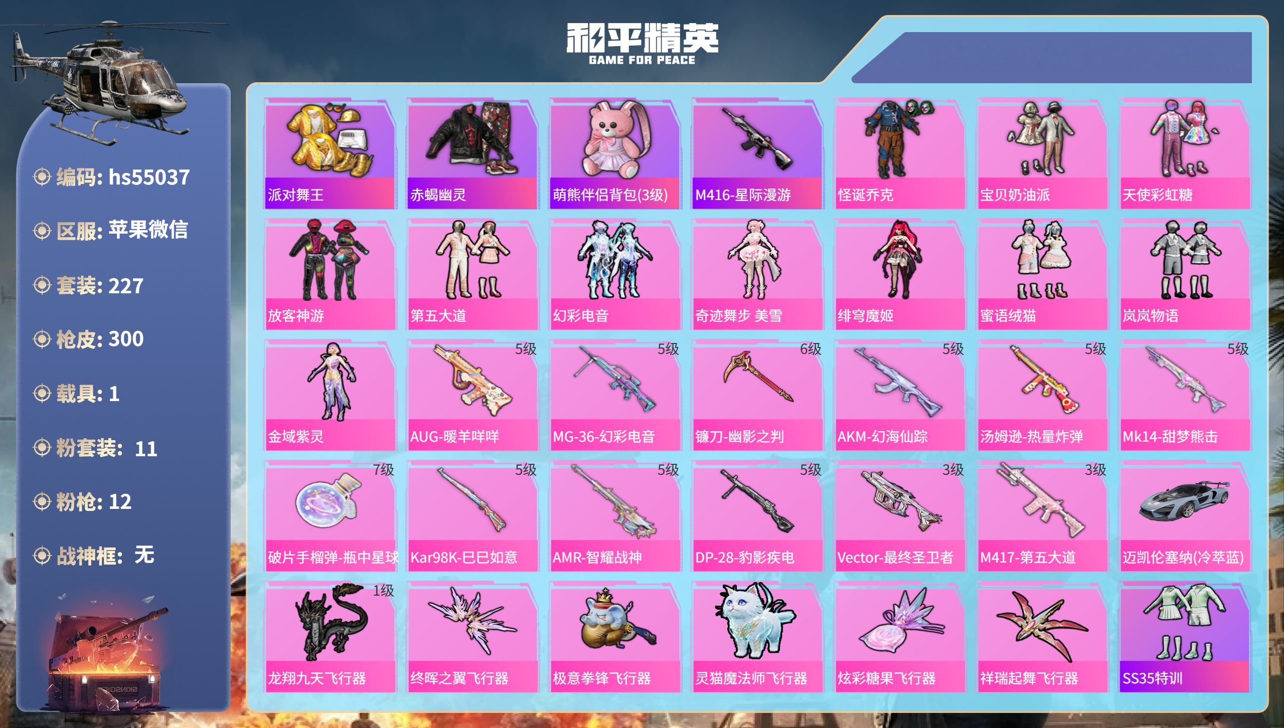 和平精英账号苹果微信hs55037 苹果微信-16王牌印记-11粉装-12特效枪-1载具-92772热力值-227套装-