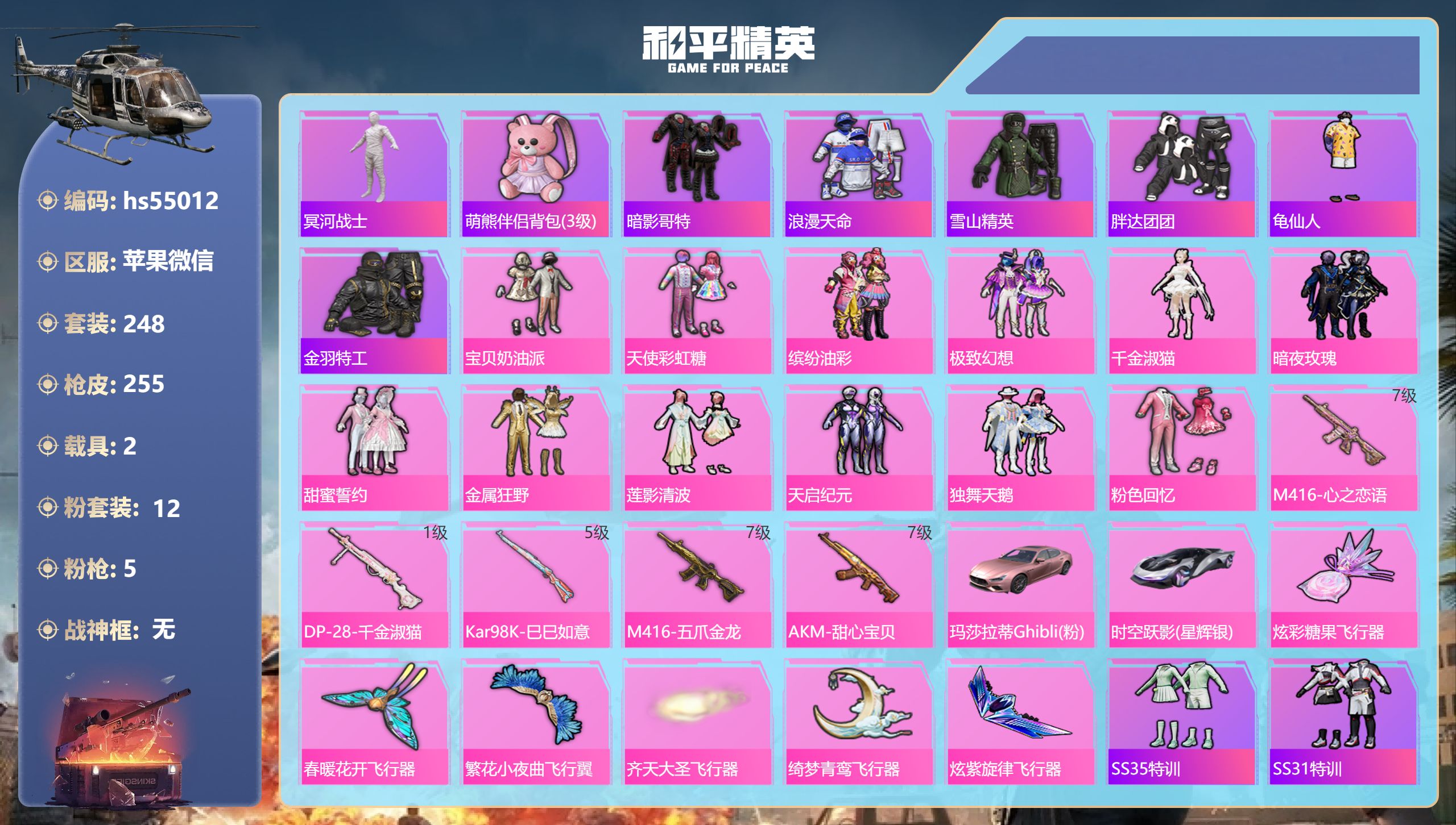 和平精英账号苹果微信hs55012 苹果微信-25王牌印记-12粉装-5特效枪-2载具-94743热力值-248套装-2