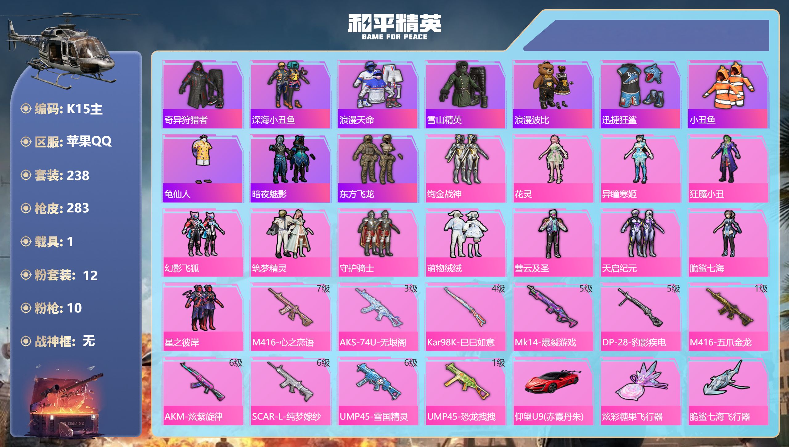 和平精英账号苹果QQ1载具-238套装-283枪皮-2稀有1载具12粉装10特效枪 12印记 【2稀有】 奇异狩猎者 浪