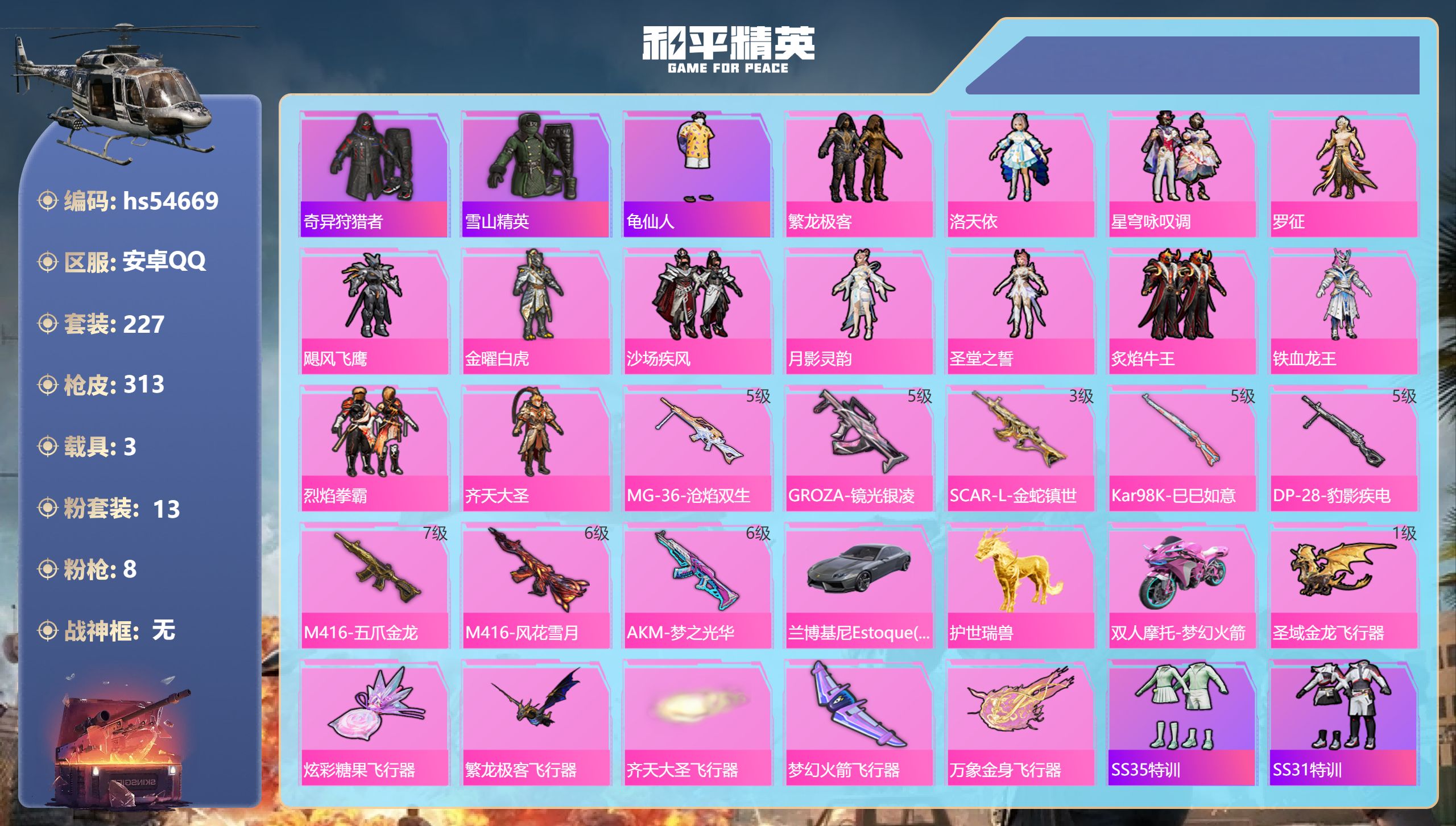 和平精英账号安卓QQhs54669 安卓手Q-11王牌印记-13粉装-8特效枪-3载具-热力值-227套装-313枪皮
