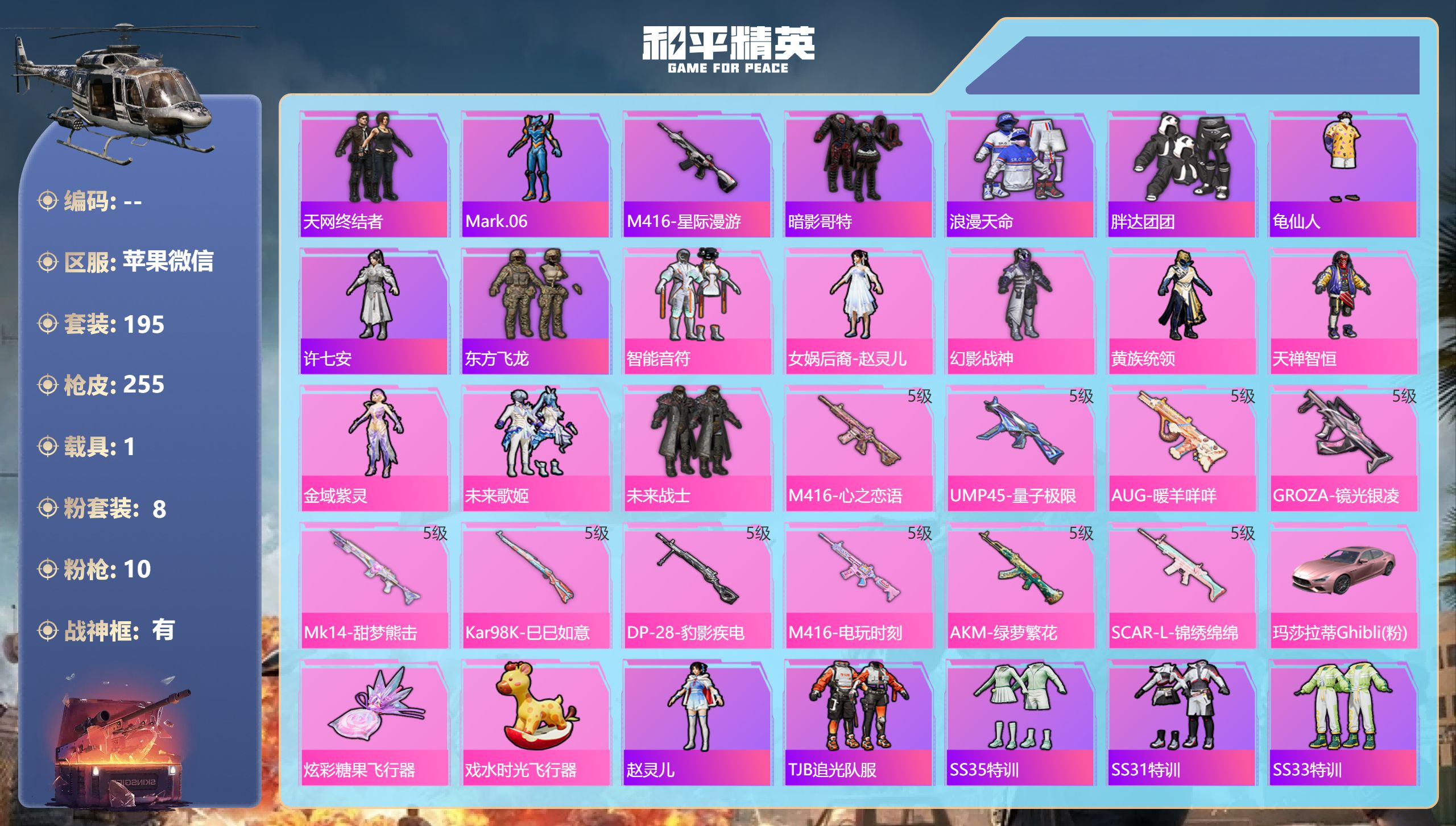 和平精英账号苹果微信1载具-195套装-255枪皮-苹果微信-11王牌印记-有战神框-8粉装-10特效枪-1载具-765