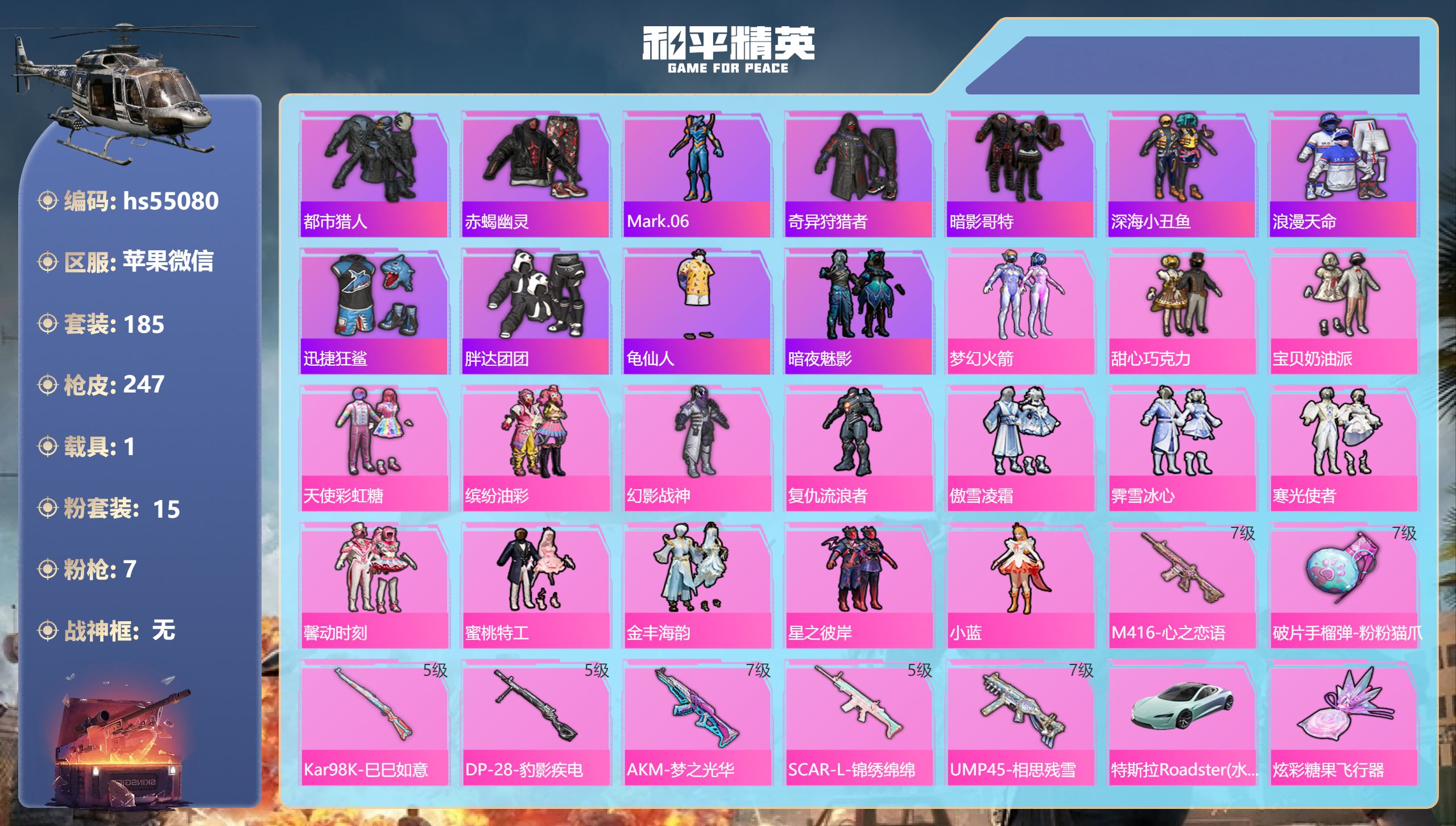 和平精英账号苹果微信hs55080 苹果微信-16王牌印记-15粉装-7特效枪-1载具-81225热力值-185套装-2