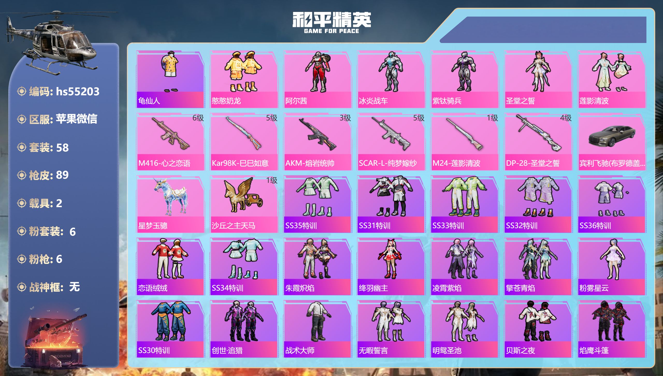 和平精英账号苹果微信hs55203 苹果微信-8王牌印记-6粉装-6特效枪-2载具-32510热力值-58套装-89枪皮