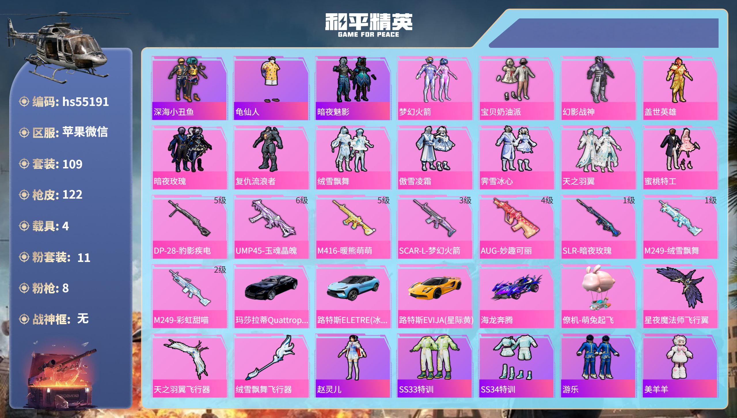 和平精英账号苹果微信4载具-109套装-122枪皮-hs55191 苹果微信-7王牌印记-11粉装-8特效枪-4载具-5