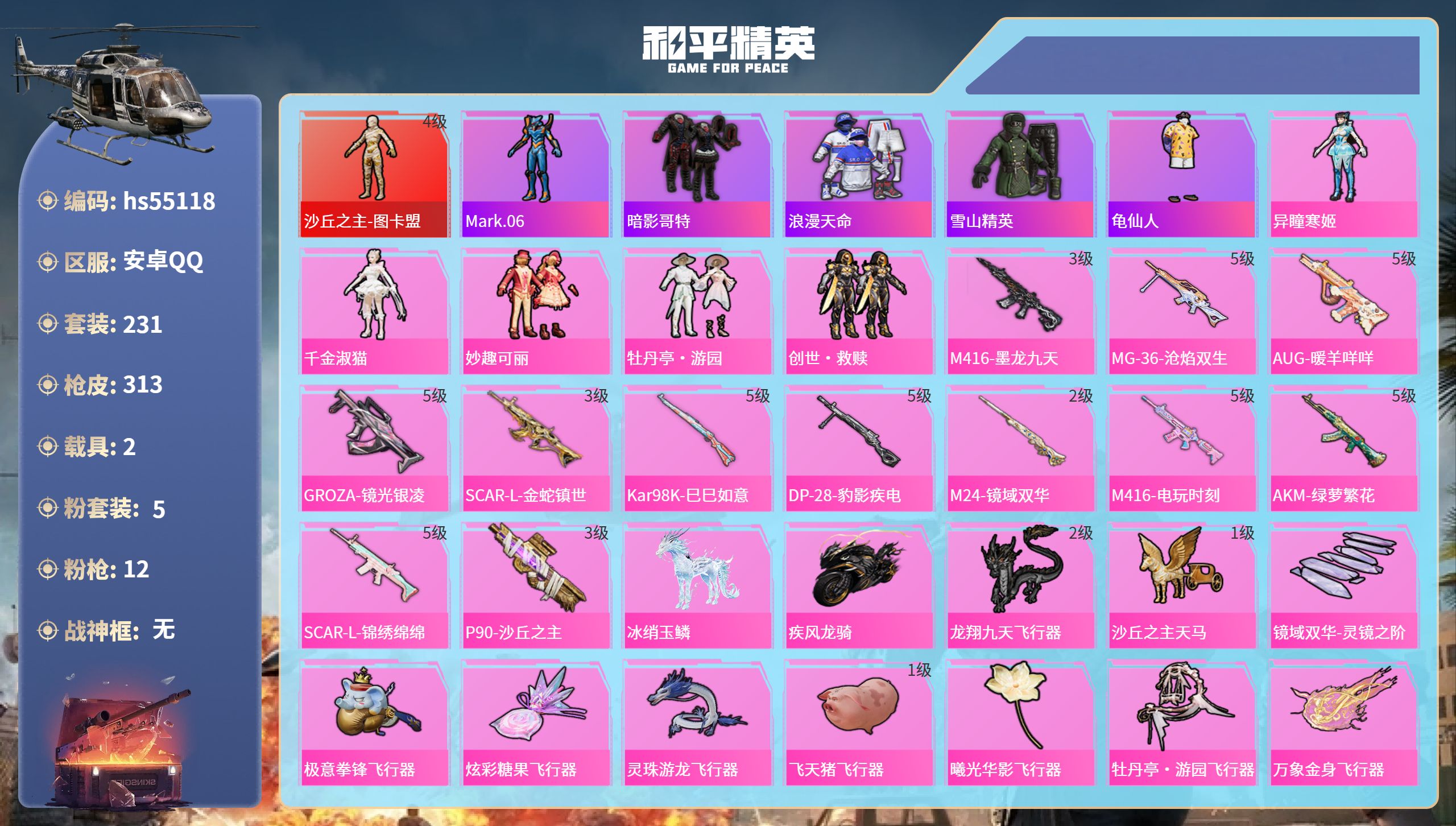 和平精英账号安卓QQhs55118 安卓手Q-11王牌印记-1红装-5粉装-12特效枪-2载具-热力值-231套装-31