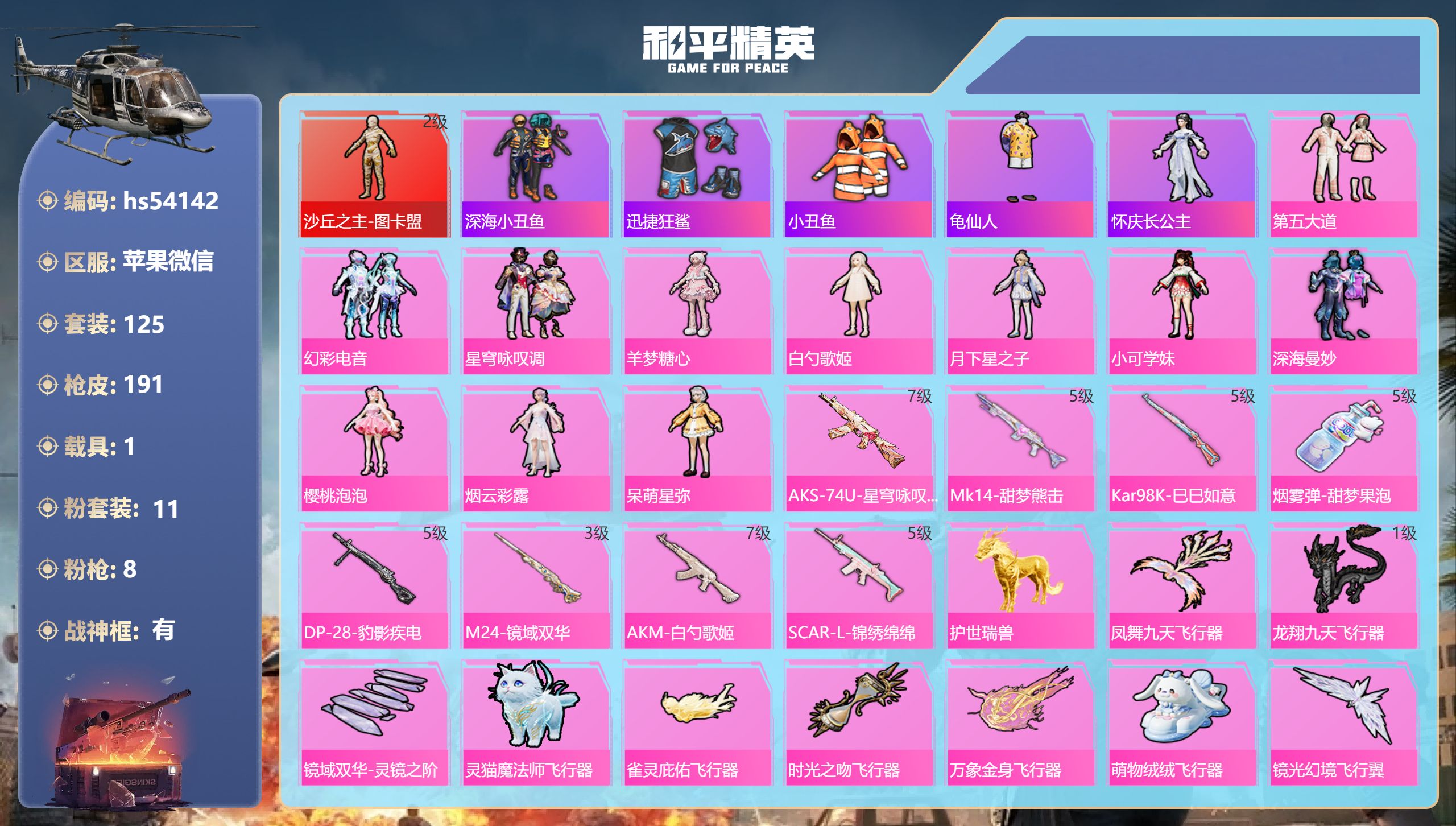 和平精英账号苹果微信hs54142 苹果微信-13王牌印记-有战神框-1红装-11粉装-8特效枪-1载具-66305热力