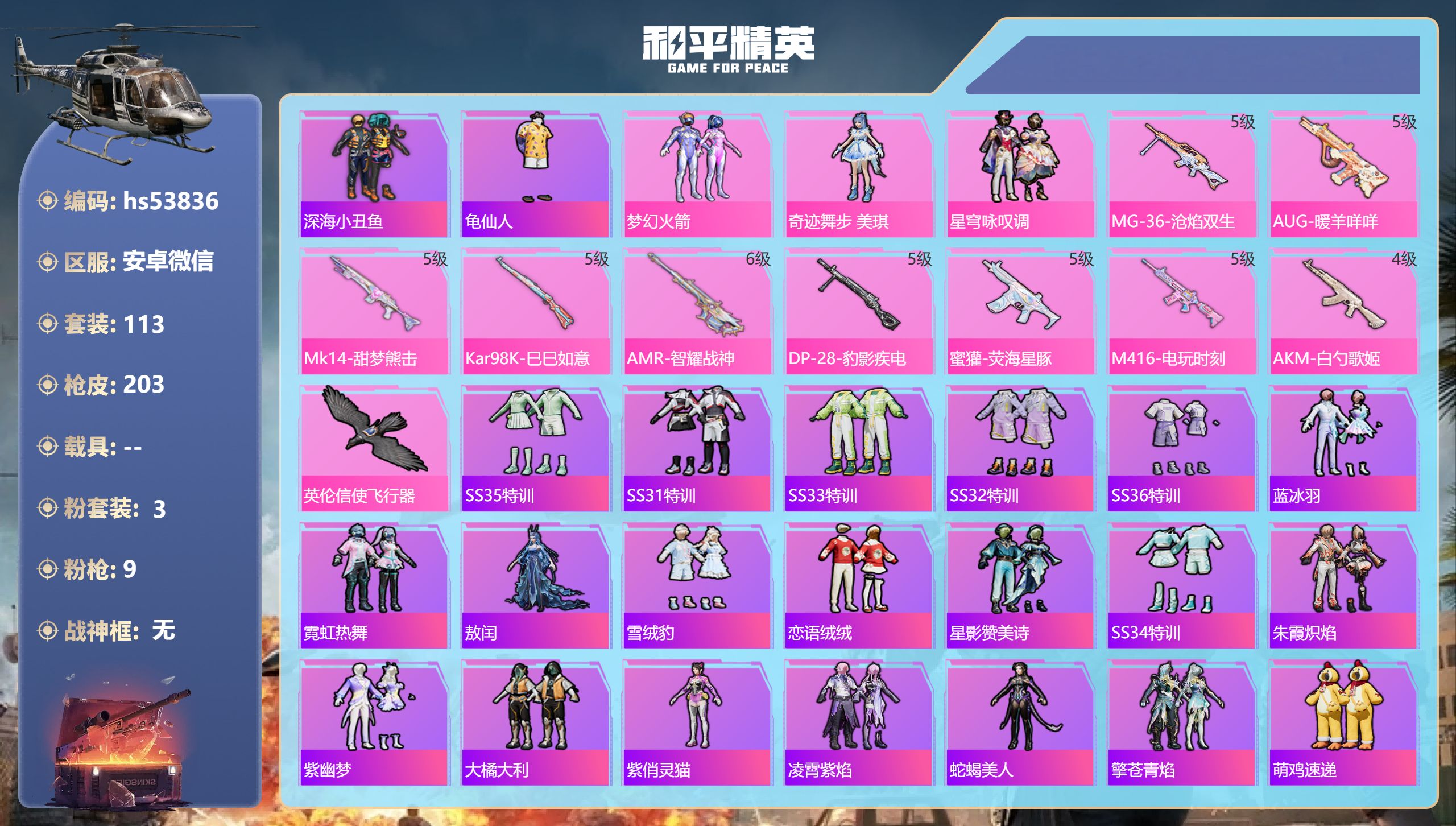 和平精英账号安卓微信hs53836 安卓微信-14王牌印记-3粉装-9特效枪-52940热力值-113套装-203枪皮-