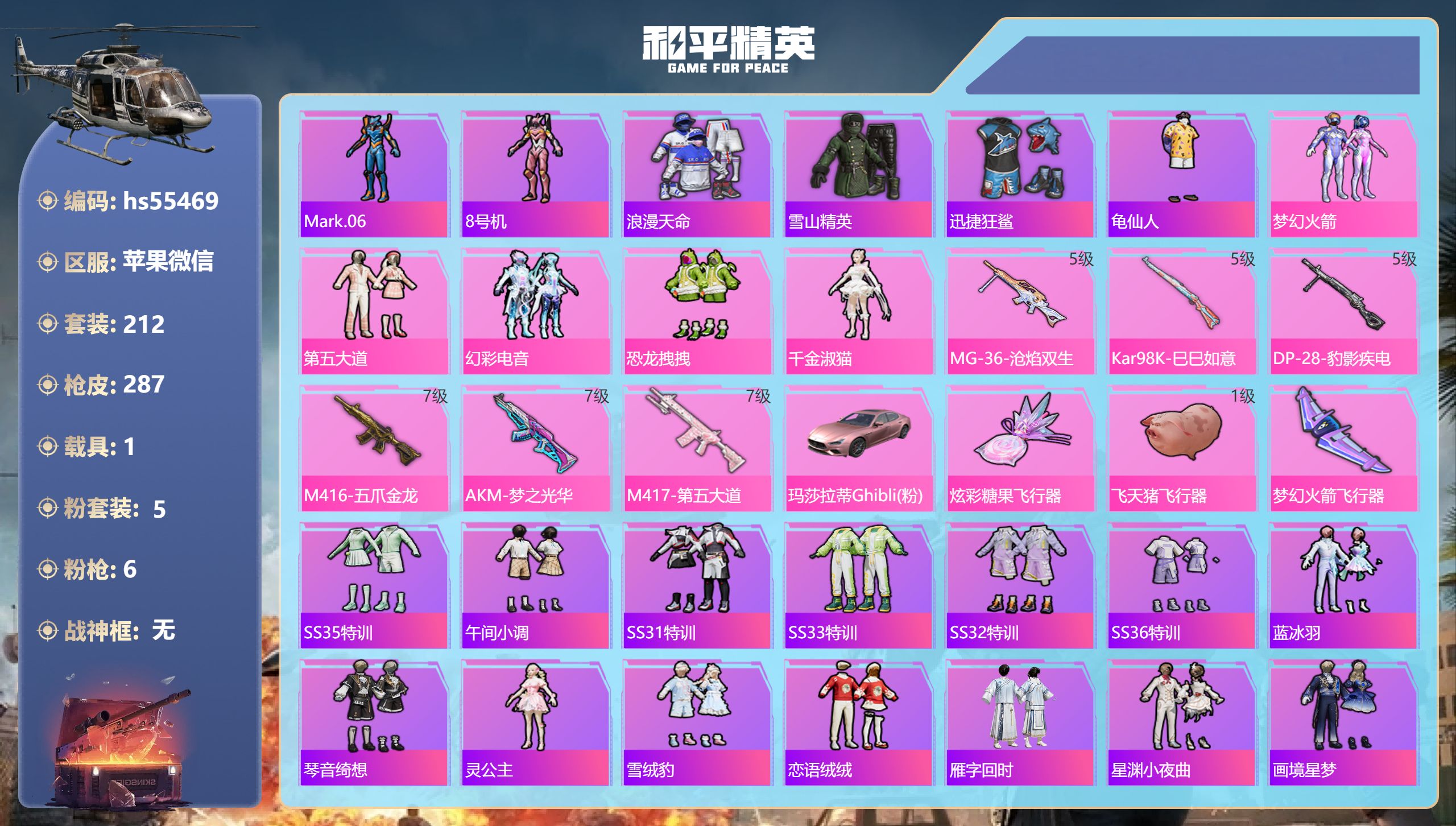 和平精英账号苹果微信hs55469 苹果微信-23王牌印记-5粉装-6特效枪-1载具-88375热力值-212套装-28