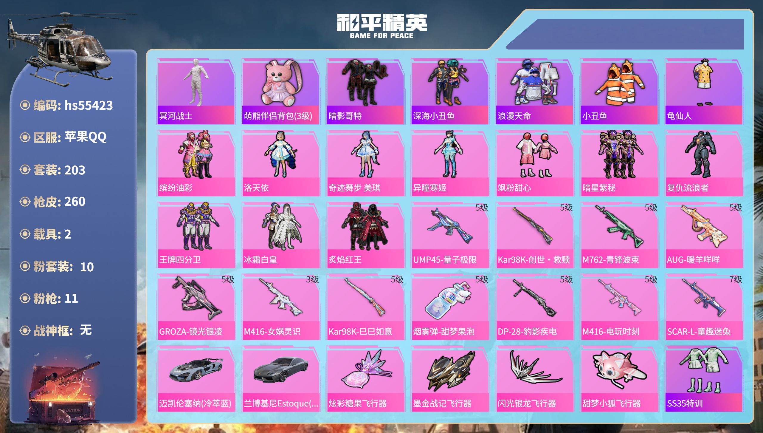 和平精英账号苹果QQ2载具-203套装-260枪皮-hs55423 苹果手Q-21王牌印记-10粉装-11特效枪-2载具