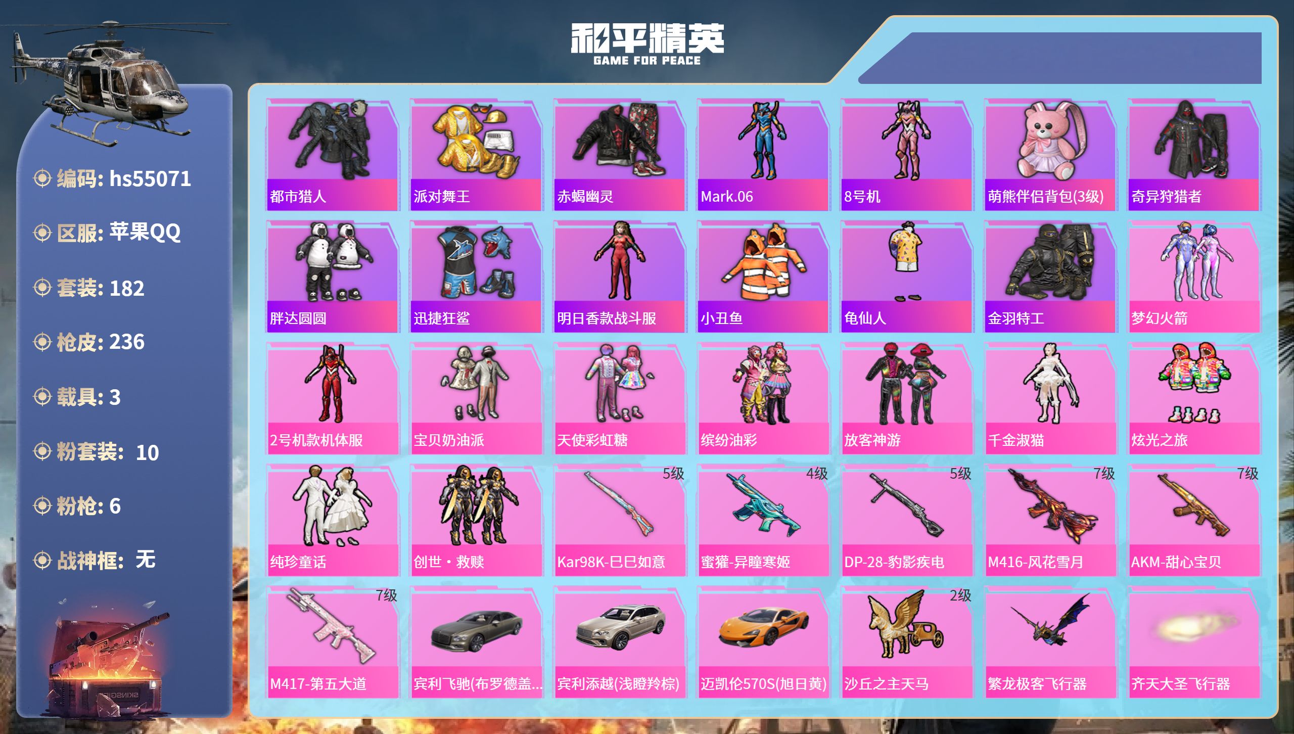 和平精英账号苹果QQhs55071 苹果手Q-19王牌印记-10粉装-6特效枪-3载具-87004热力值-182套装-2