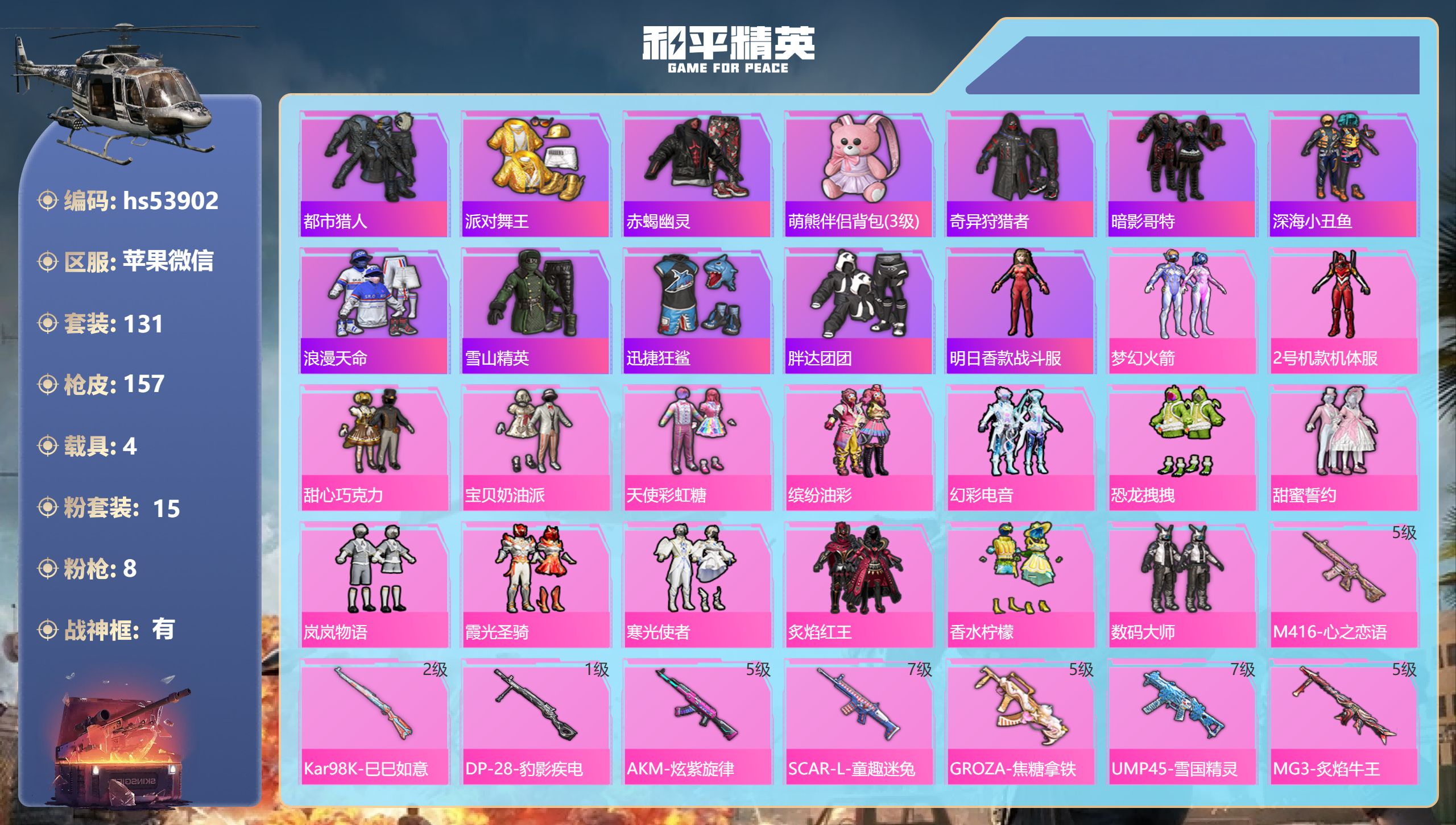 和平精英账号苹果微信hs53902 苹果微信-13王牌印记-有战神框-15粉装-8特效枪-4载具-65217热力值-13