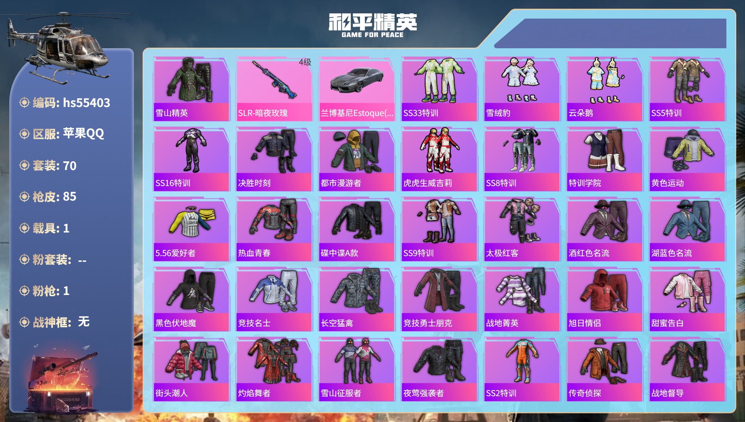 和平精英账号苹果QQhs55403 苹果手Q-2王牌印记-1特效枪-1载具-23666热力值-70套装-85枪皮
【1特