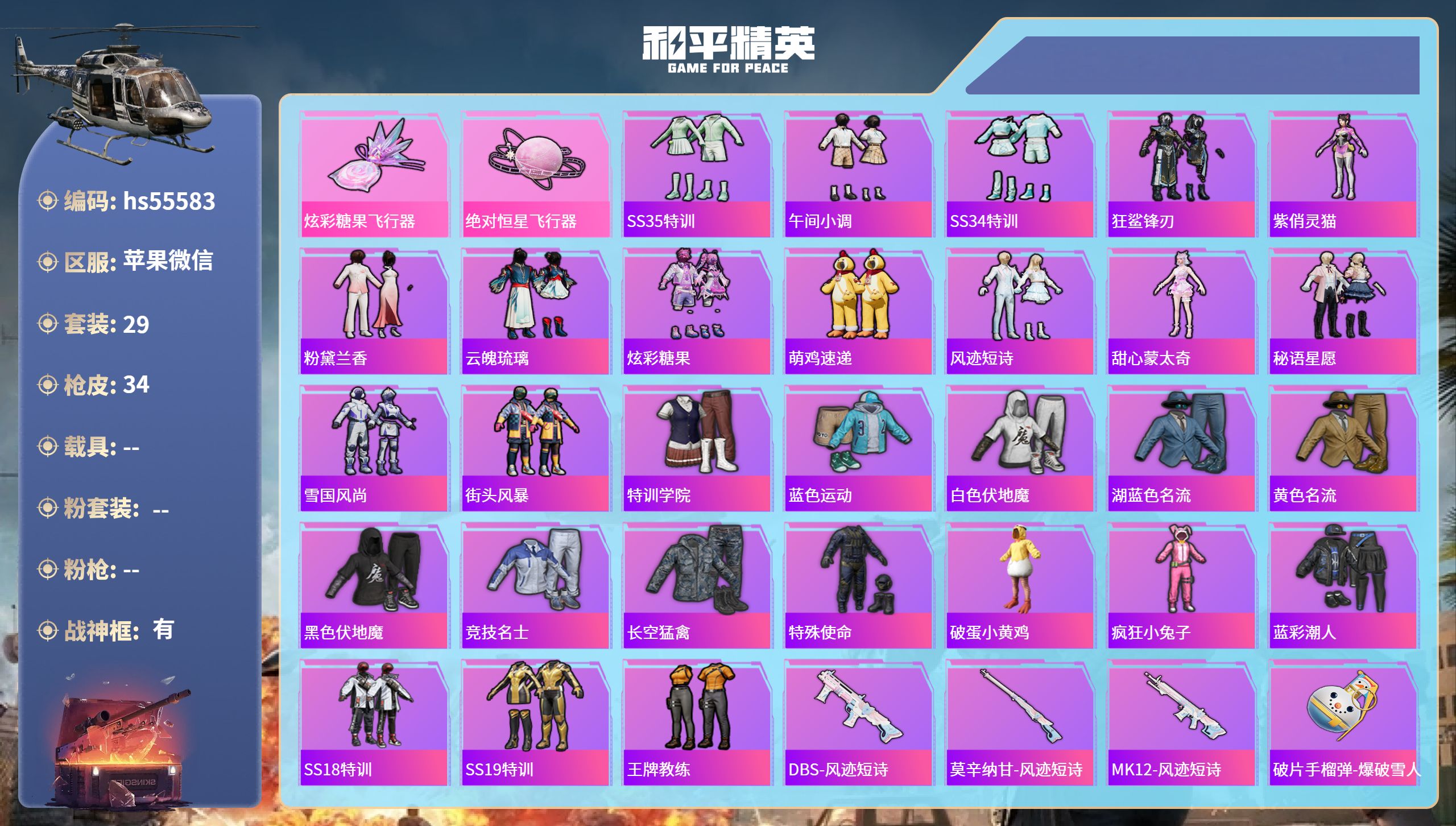 和平精英账号苹果微信hs55583 苹果微信-2王牌印记-有战神框-9744热力值-29套装-34枪皮-2卓越印记-2传