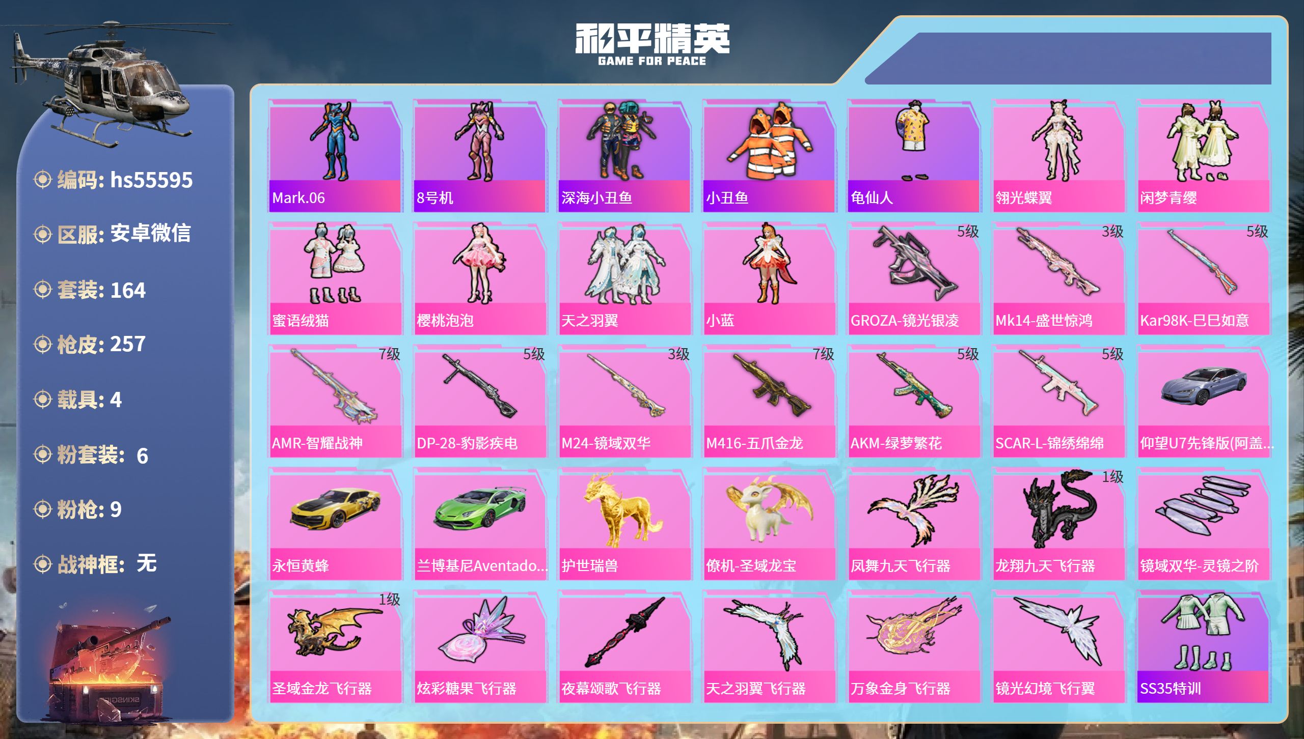 和平精英账号安卓微信hs55595 安卓微信-14王牌印记-6粉装-9特效枪-4载具-84028热力值-164套装-25