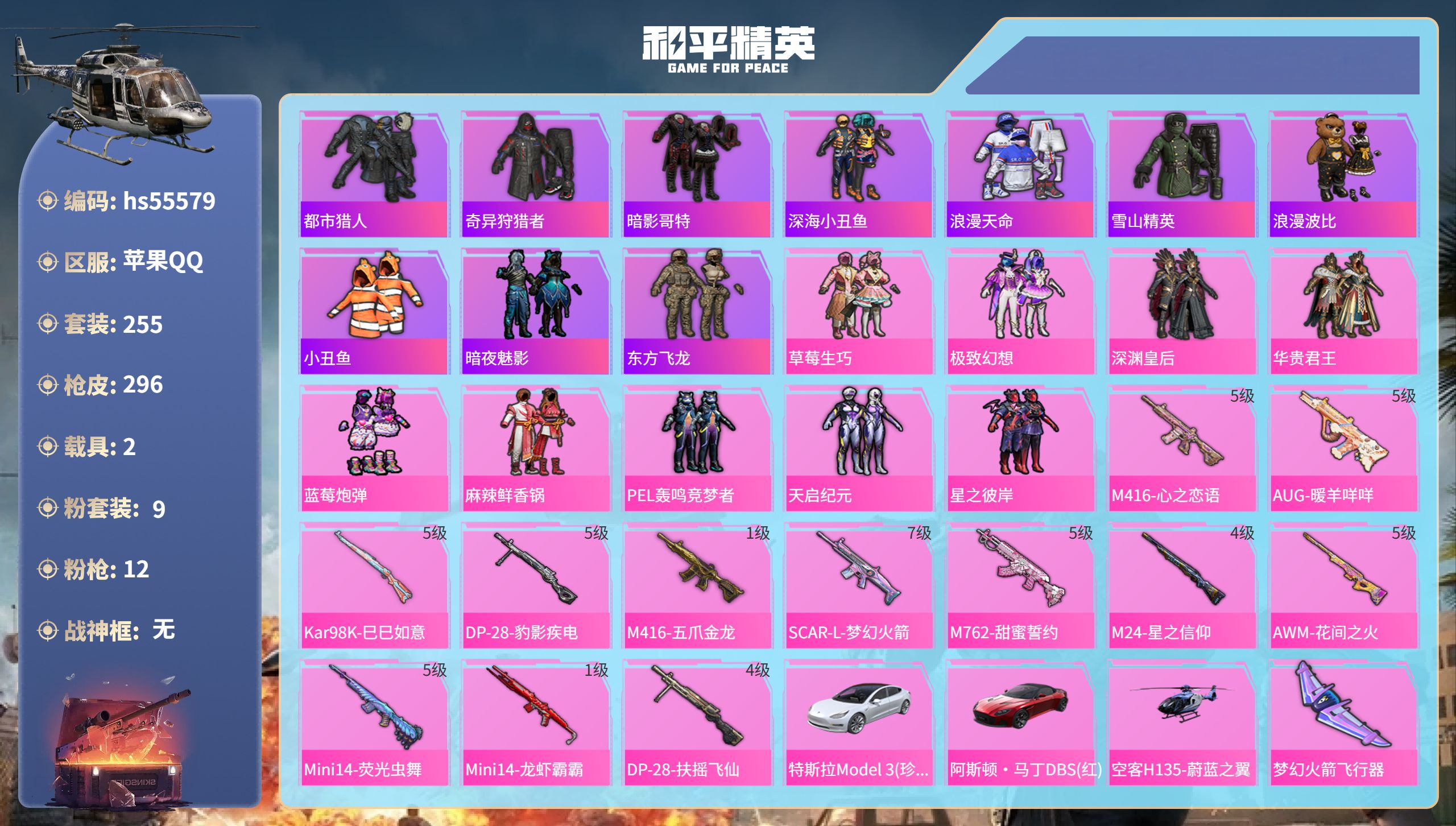 和平精英账号苹果QQhs55579 苹果手Q-20王牌印记-9粉装-12特效枪-2载具-热力值-255套装-296枪皮-